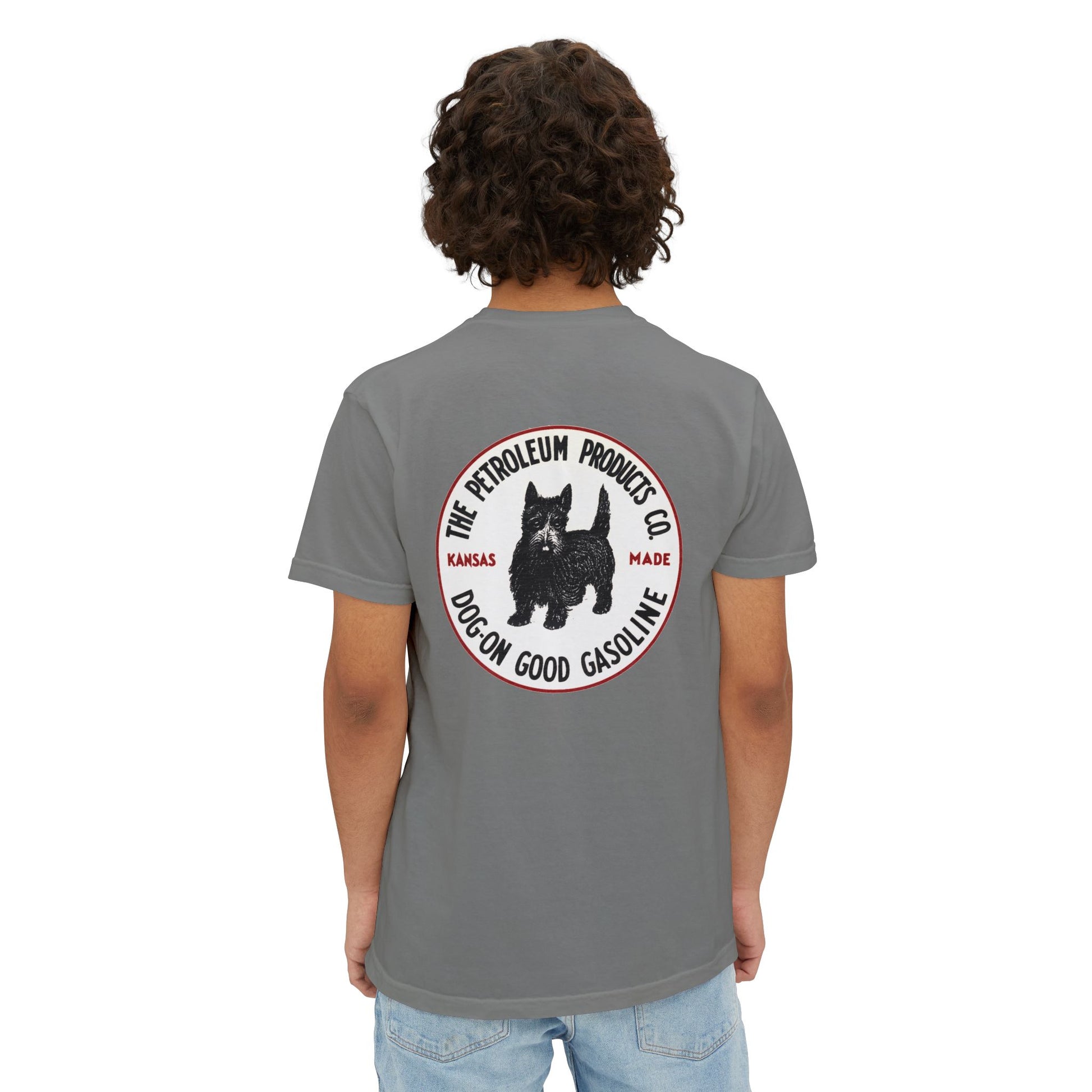 Dog-On Good Gasoline pocket tee size chart — vintage petroliana shirt — The Faded Label Co.