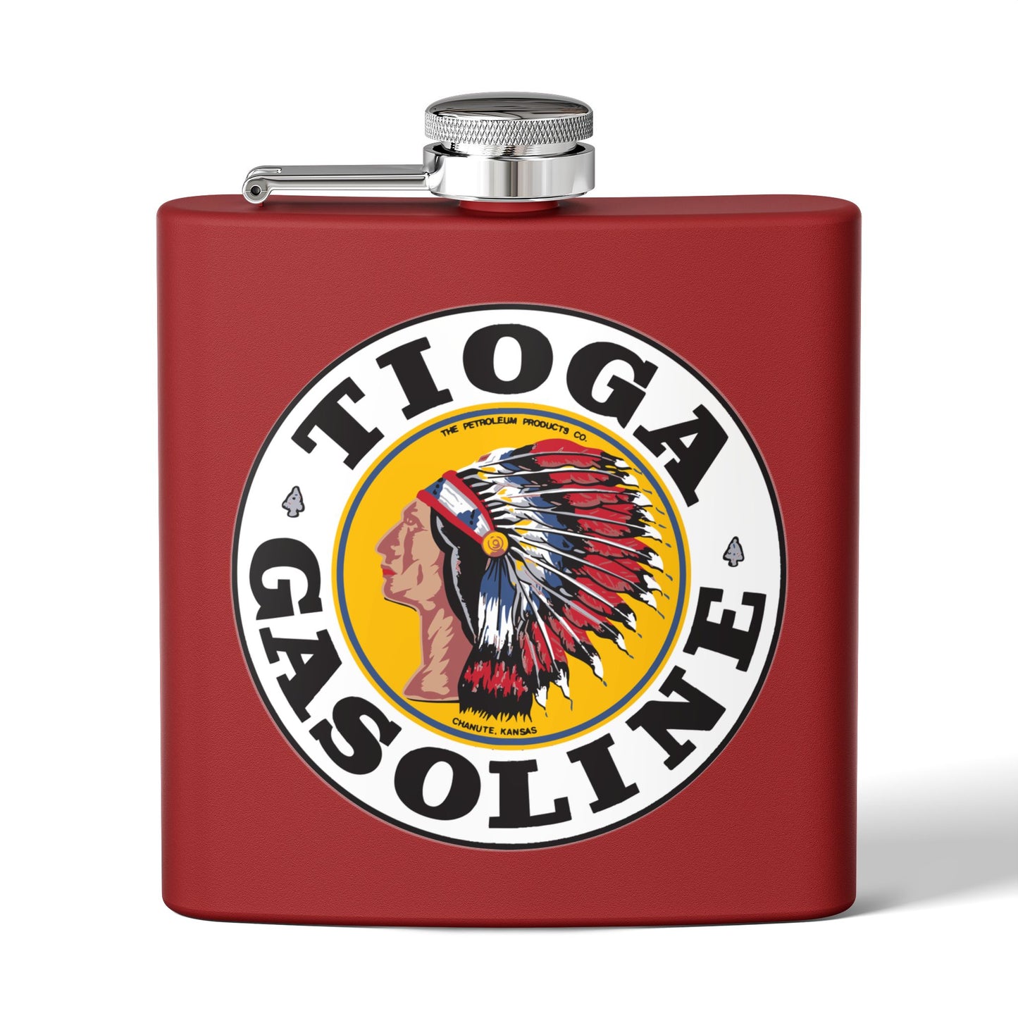 Tioga Gasoline flask detail — vintage petroliana gift — The Faded Label Co.