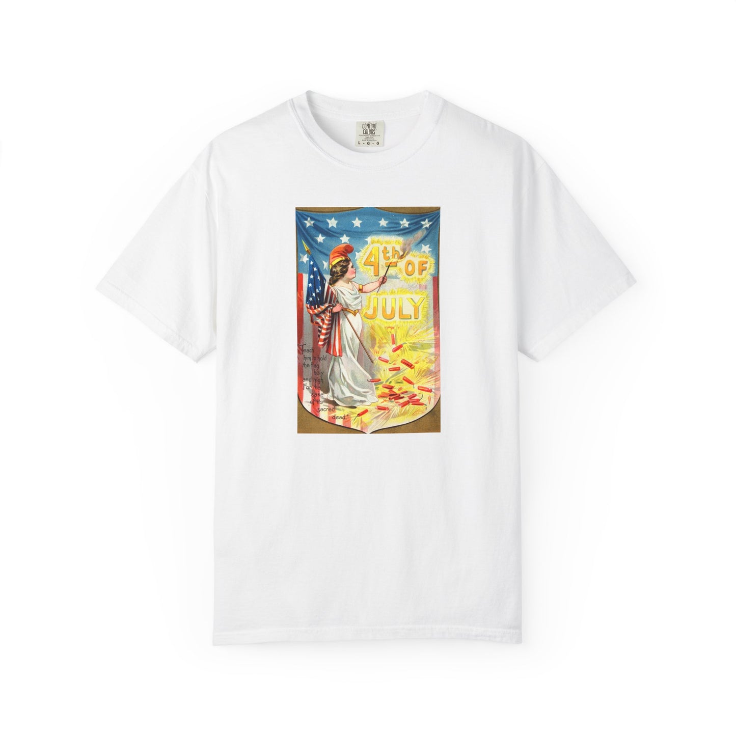 4th of July Flag Girl t-shirt white — vintage Columbia patriotic postcard art — The Faded Label Co.