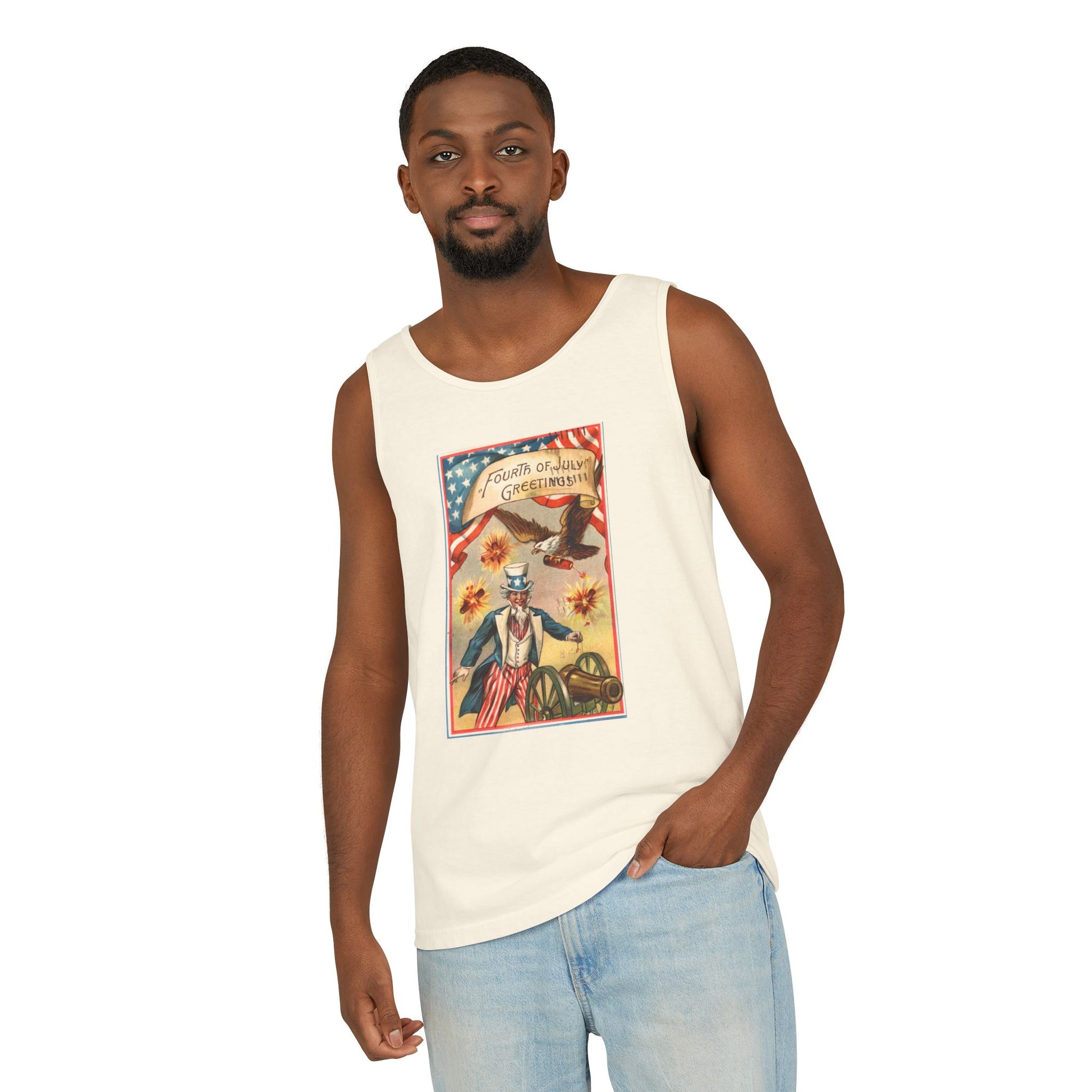Fourth of July Greetings Uncle Sam tank top on model — vintage 4th of July graphic tank — The Faded Label Co.