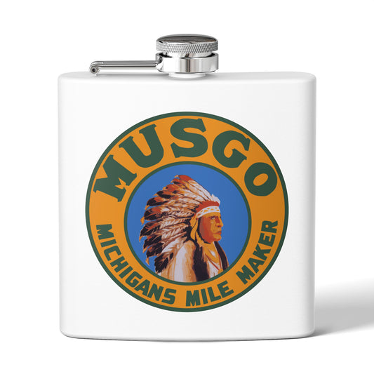 Musgo flask — vintage Michigan petroliana gift — The Faded Label Co.