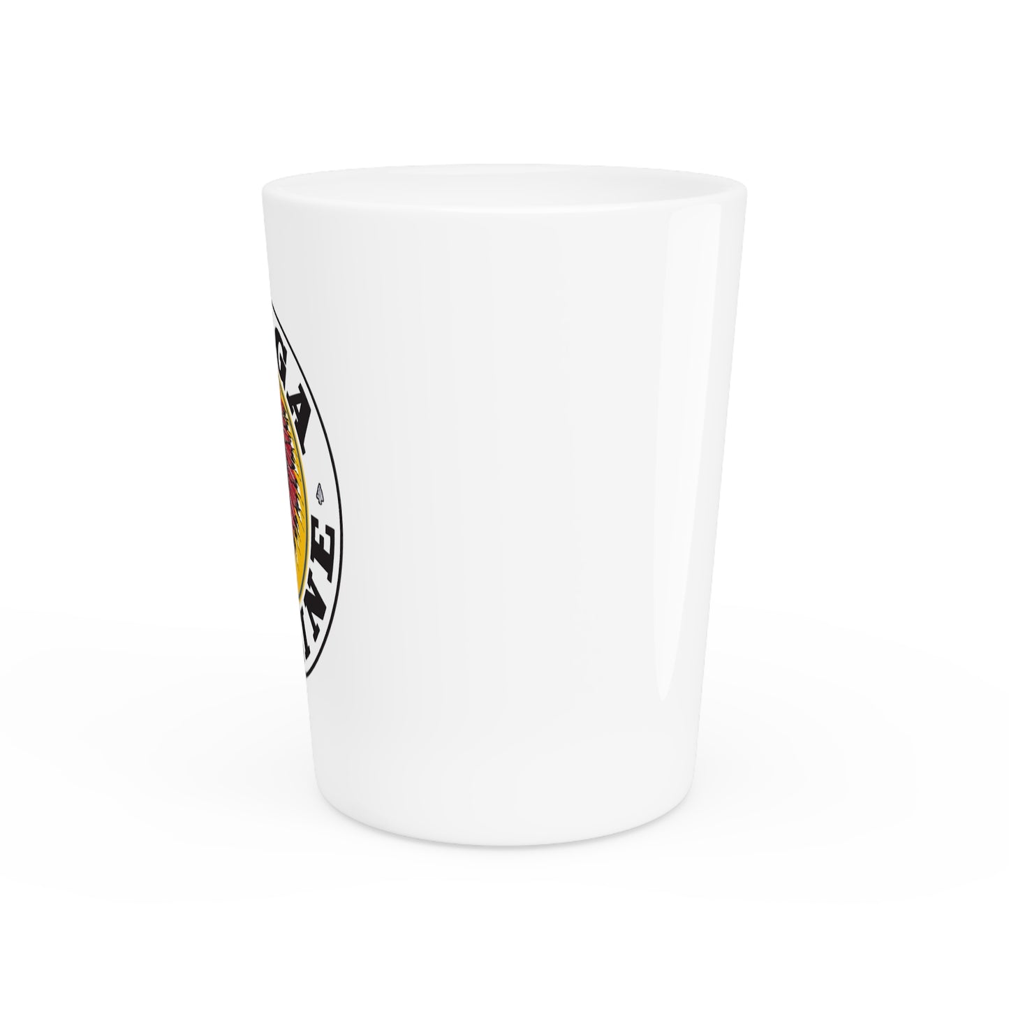 Tioga Gasoline shot glass lifestyle — vintage petroliana barware — The Faded Label Co.