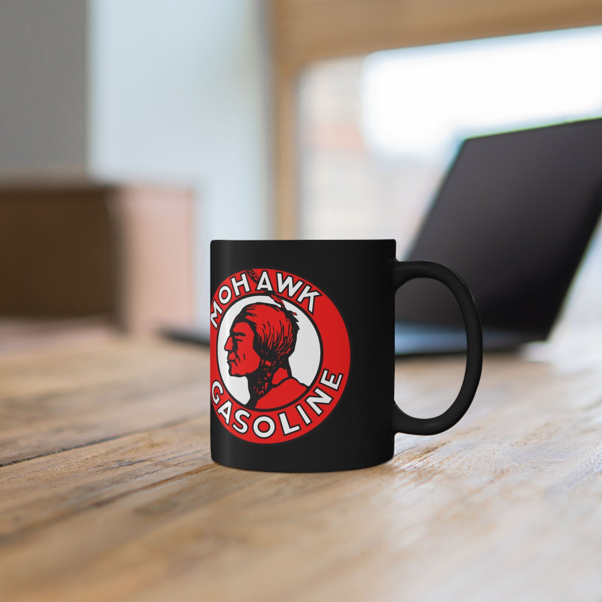 Mohawk Gasoline black coffee mug detail — vintage petroliana collector gift — The Faded Label Co.