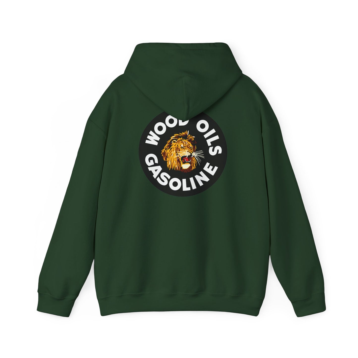 Lion Emblem Gasoline Hoodie — 'Wood Oils Gasoline' Retro Logo Sweatshirt