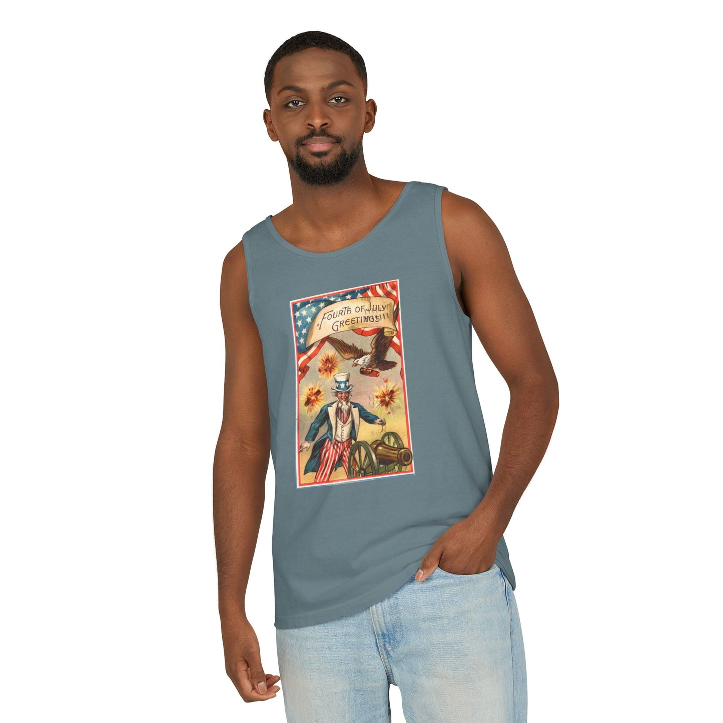 Fourth of July Greetings Uncle Sam tank top care label — Comfort Colors 9360 garment dyed — The Faded Label Co.