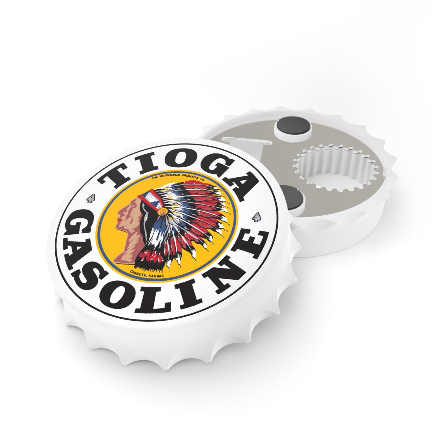 Tioga Gasoline bottle opener lifestyle — vintage Kansas petroliana bar accessory — The Faded Label Co.