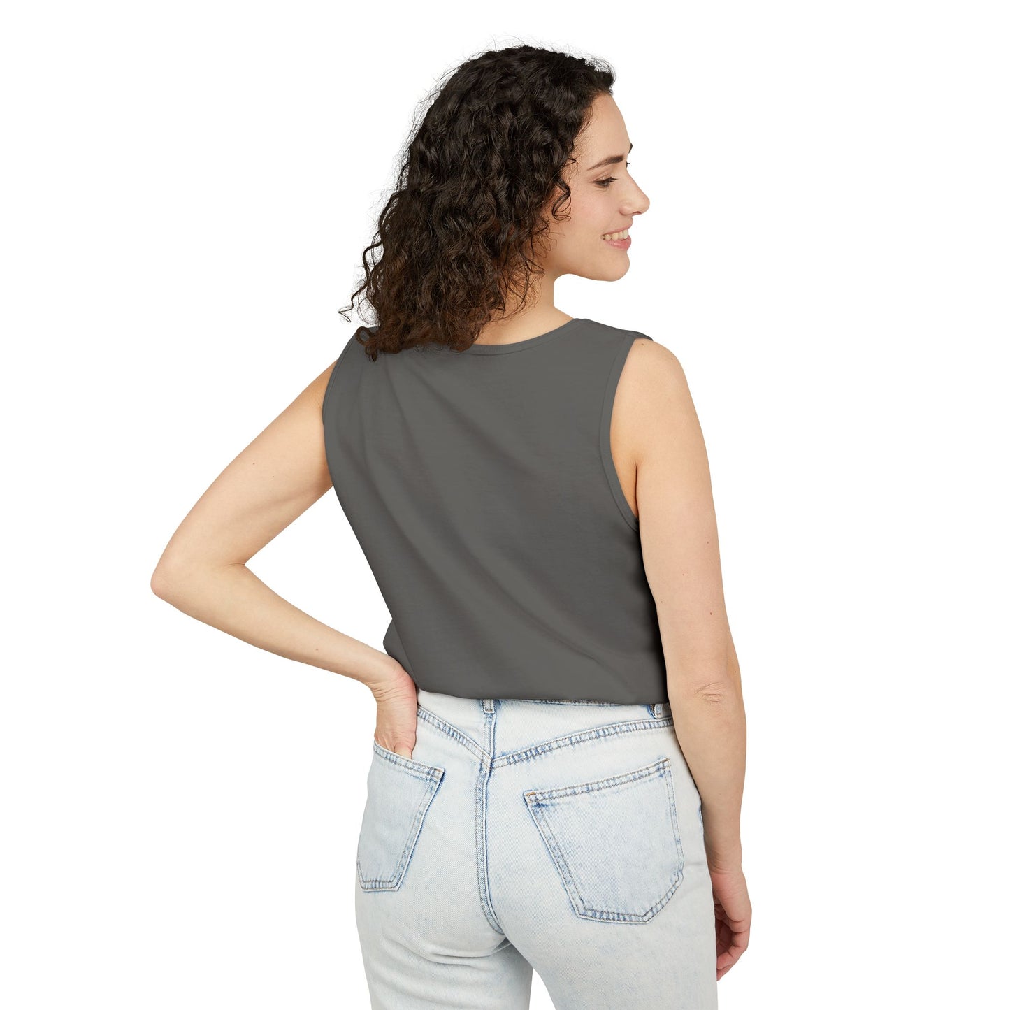 4th of July Patriotic Girl tank top flat lay denim — Comfort Colors 9360 unisex tank — The Faded Label Co.