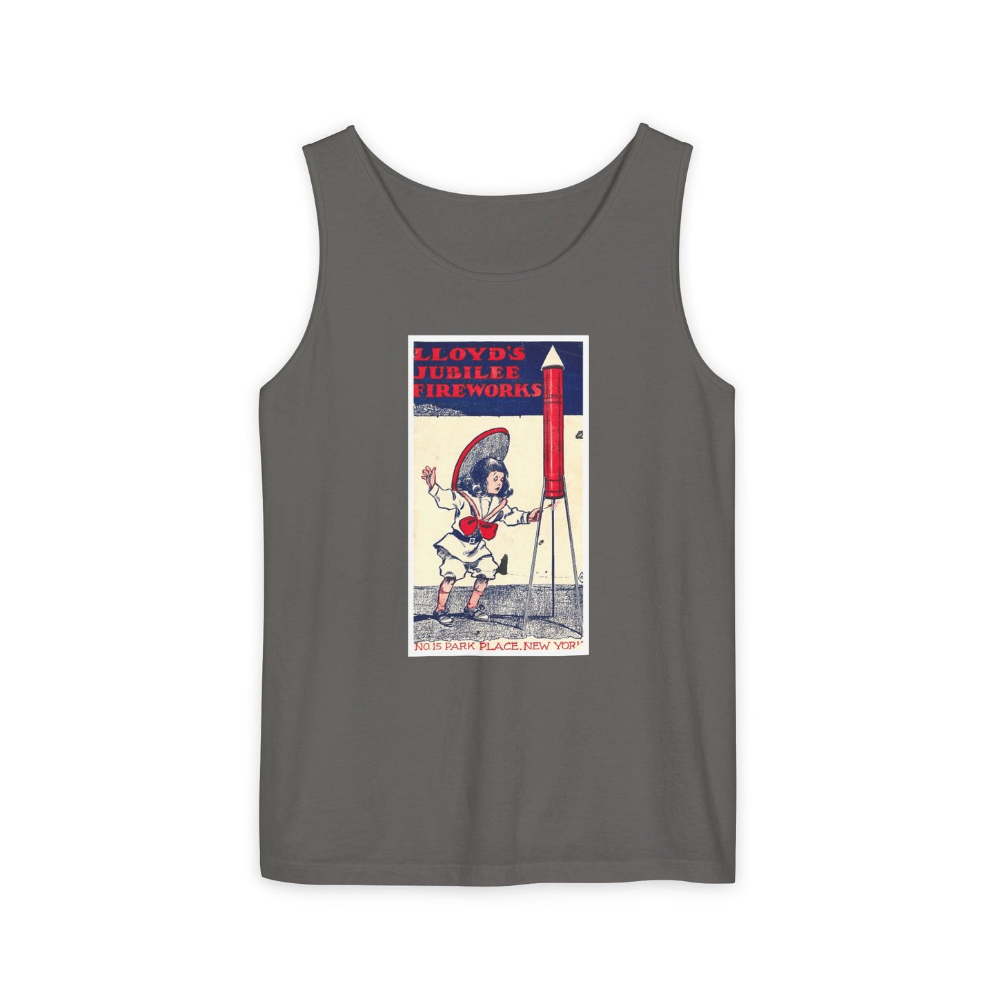 Lloyd's Jubilee Firecrackers tank top blue jean — Comfort Colors garment-dyed — The Faded Label Co.