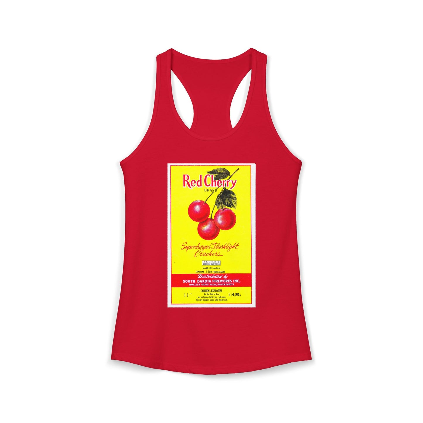 Red Cherry Brand Firecrackers racerback tank warm gray — 4th of July women's summer tank — The Faded Label Co.