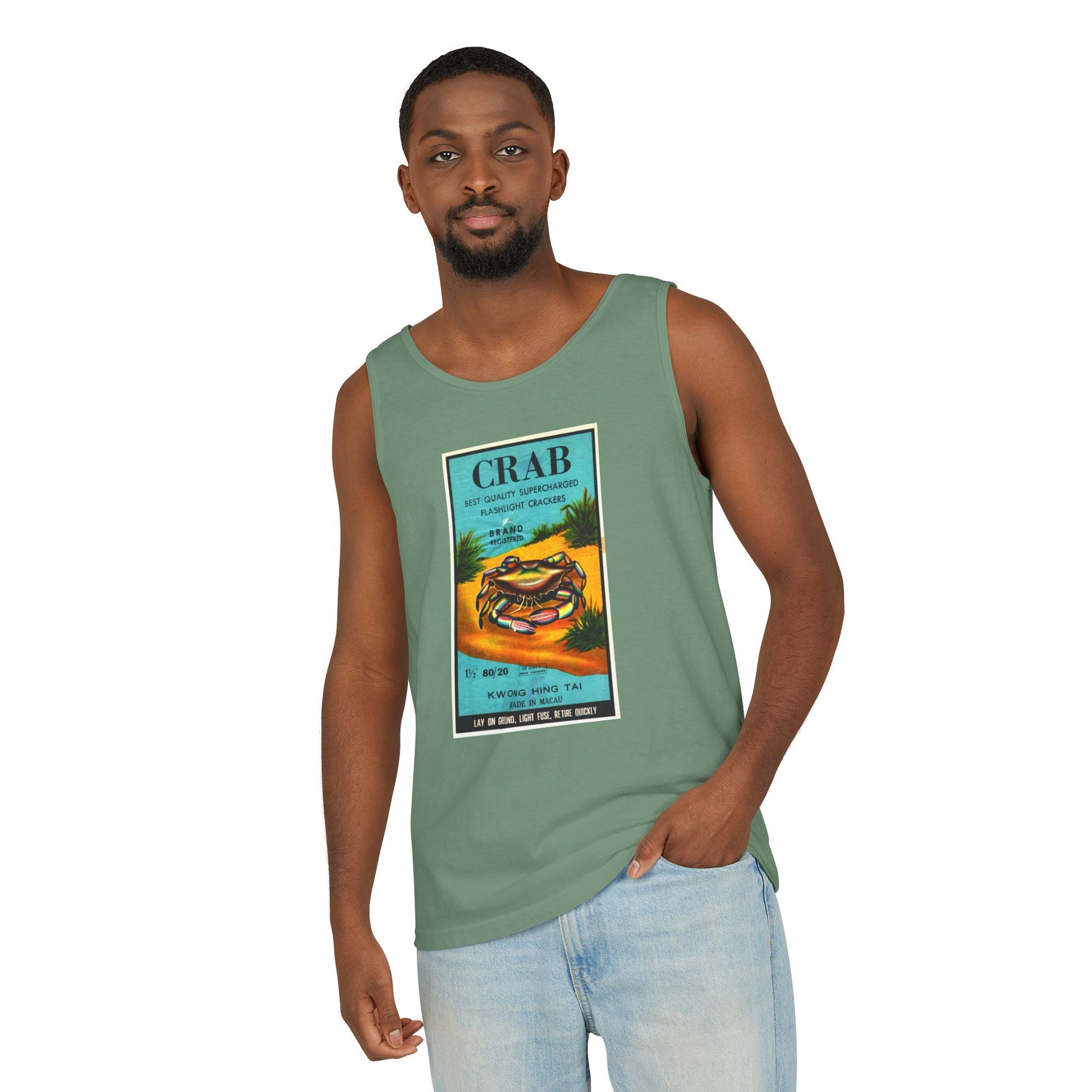 Crab Brand Firecrackers tank top sand — firecracker label collector gift — The Faded Label Co.