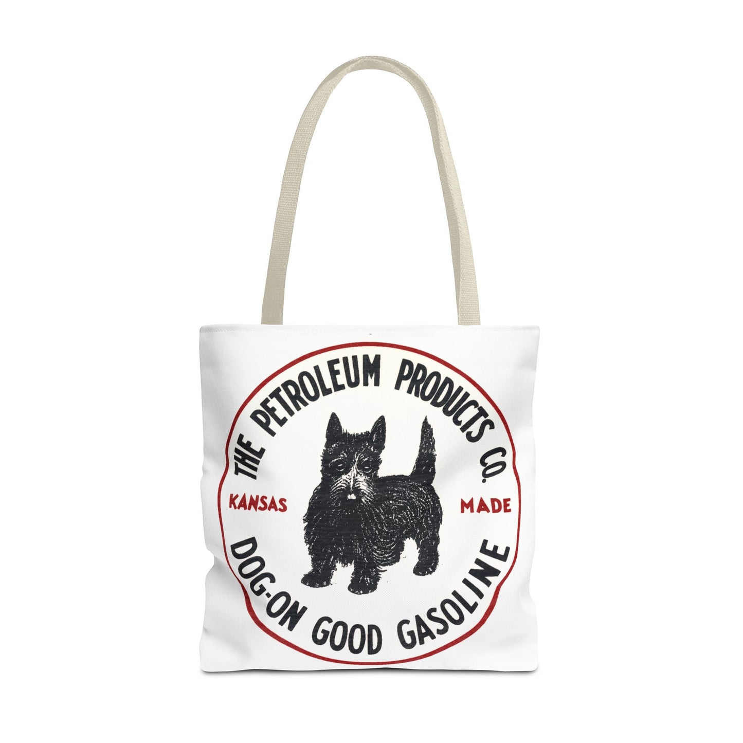 Dog-On Good Gasoline polyester tote bag white — Scottie dog swap meet bag — The Faded Label Co.