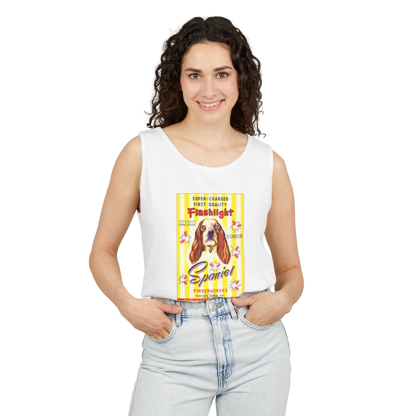 Spaniel Brand Firecrackers tank top sand — firecracker label collector gift — The Faded Label Co.