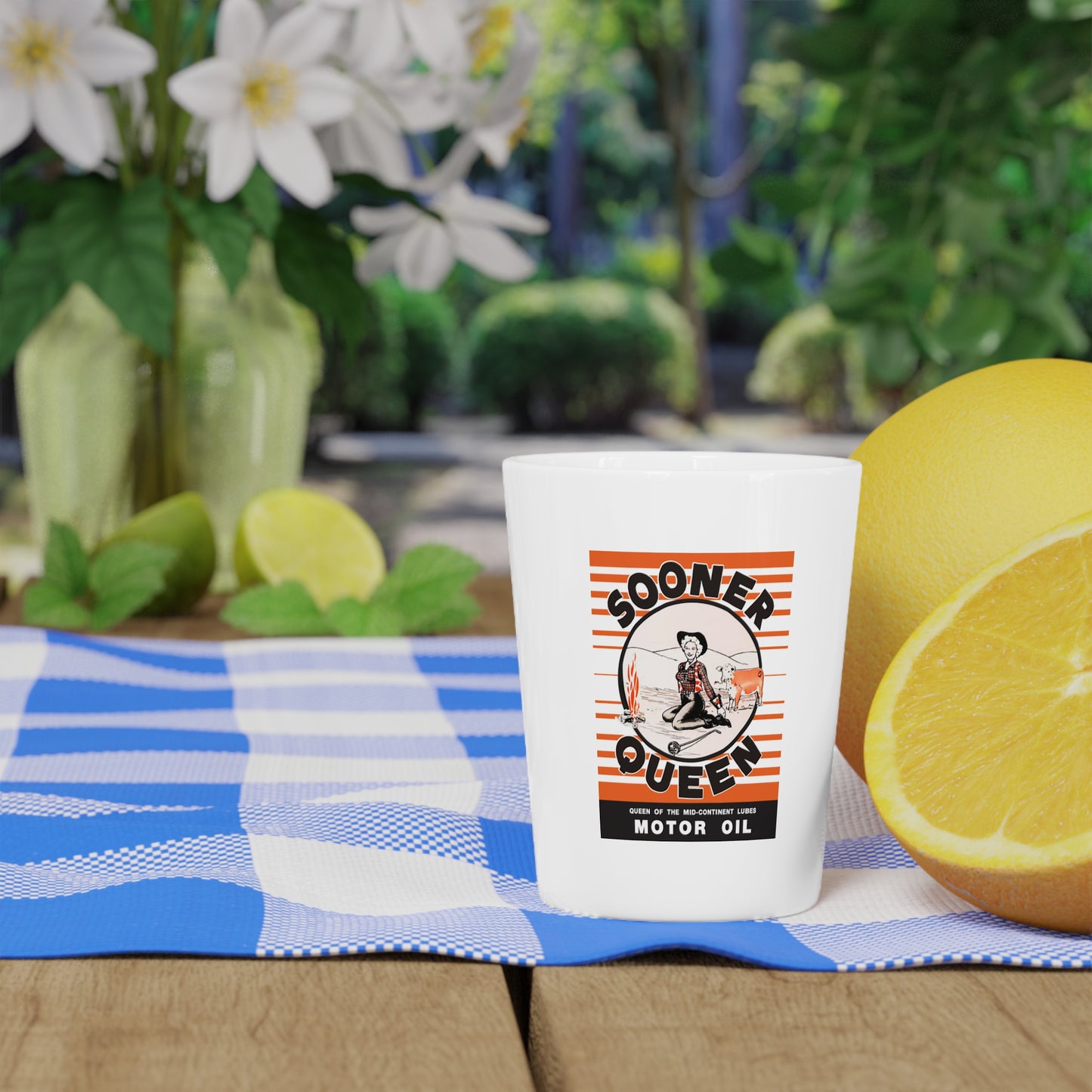 Sooner Queen Motor Oil Shot Glass — Vintage Oklahoma Petroliana Art | The Faded Label Co.