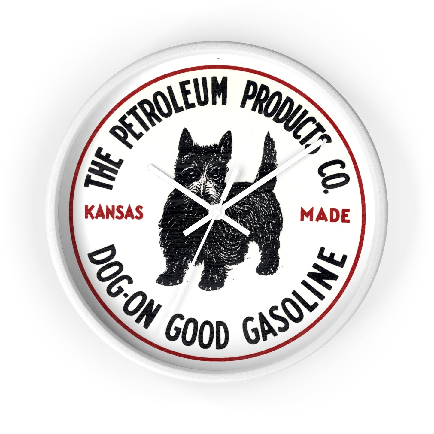 Dog-On Good Gasoline wall clock white base — Scottie dog petroliana gift — The Faded Label Co.