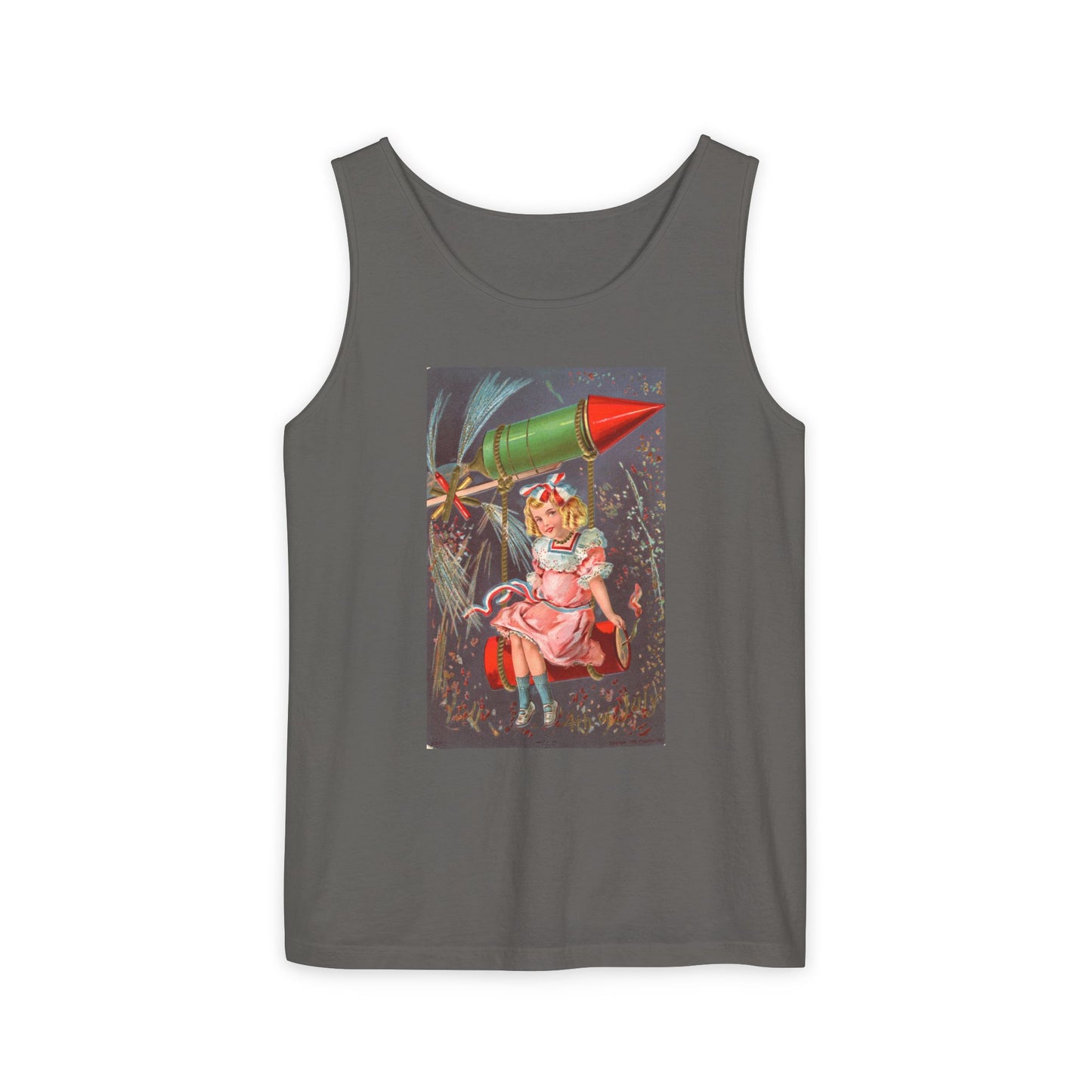 1907 Rocket Girl tank top ivory — vintage 4th of July postcard art — The Faded Label Co.