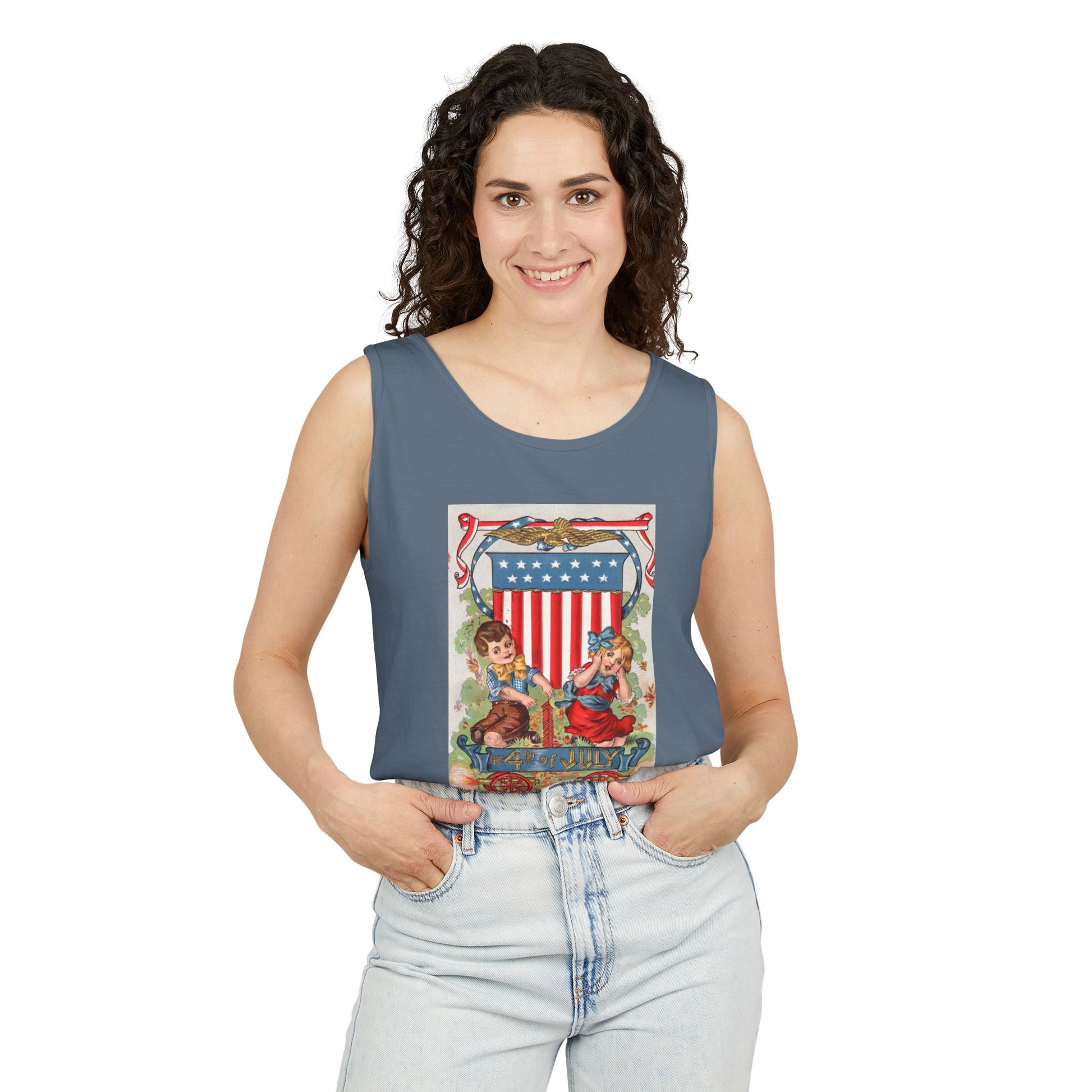 1908 Fourth of July Wagon tank top care label — Comfort Colors 9360 garment dyed — The Faded Label Co.