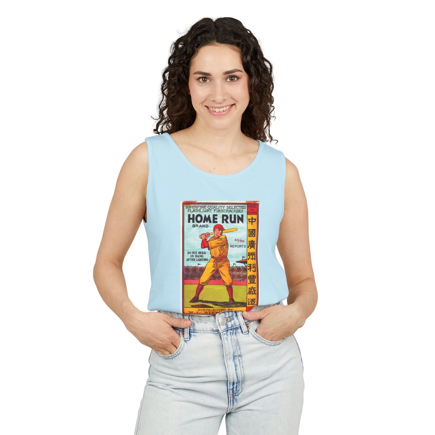 Home Run Firecrackers tank top crimson — vintage baseball fireworks label graphic — The Faded Label Co.