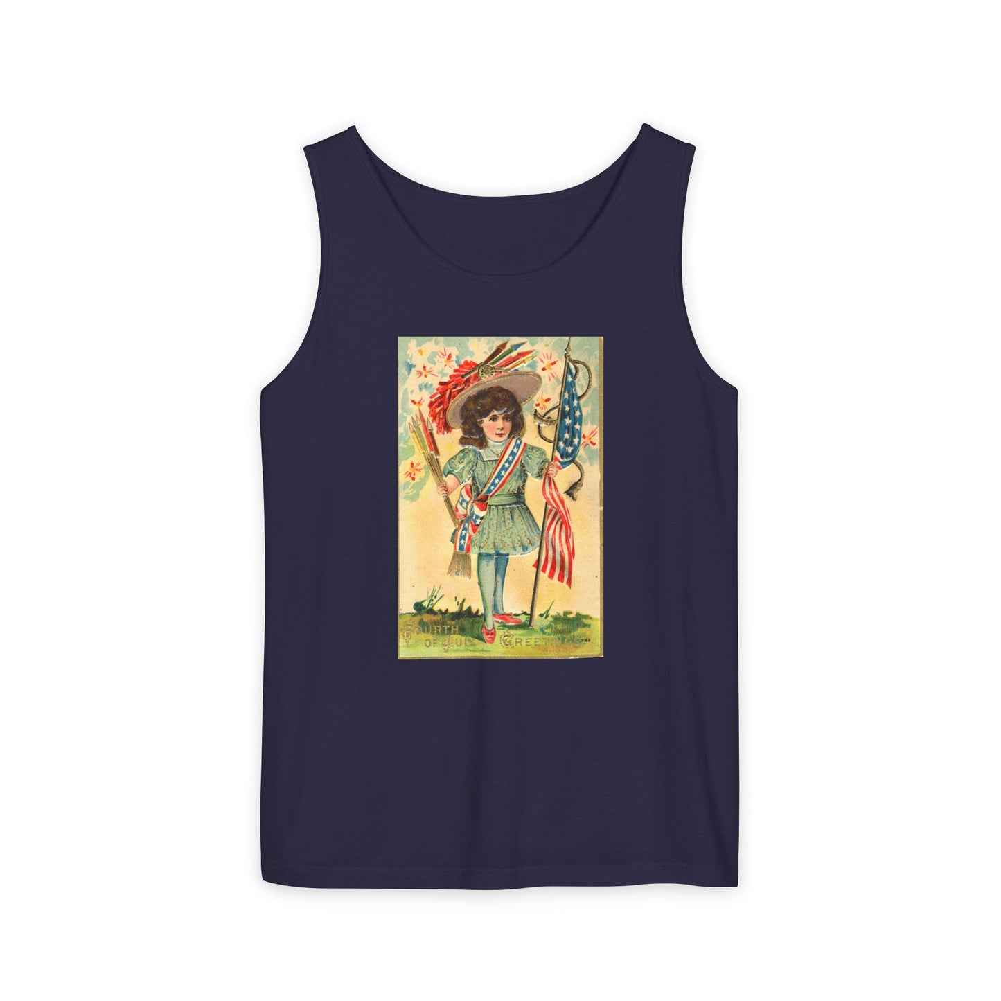 4th of July Patriotic Girl tank top true navy — vintage patriotic postcard art — The Faded Label Co.