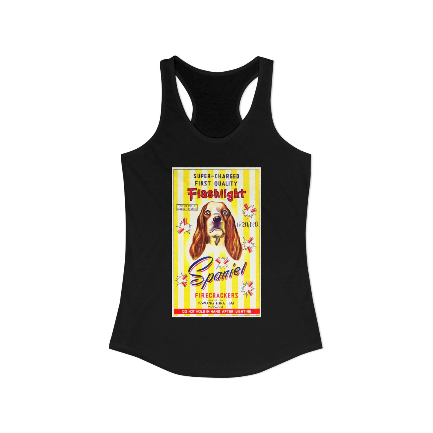 Spaniel Brand Firecrackers racerback tank black — vintage fireworks label art — The Faded Label Co.