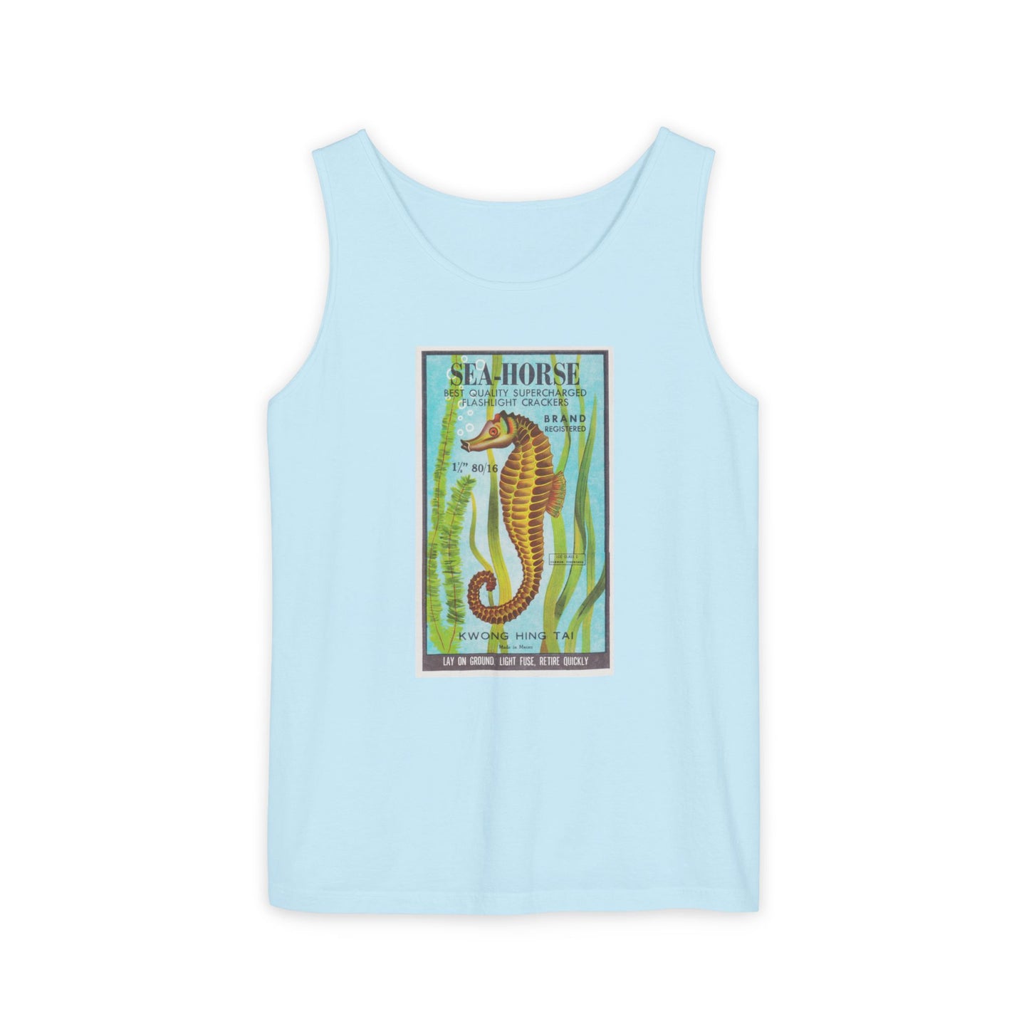 Seahorse Brand Firecrackers tank top crimson — vintage firecracker label graphic — The Faded Label Co.