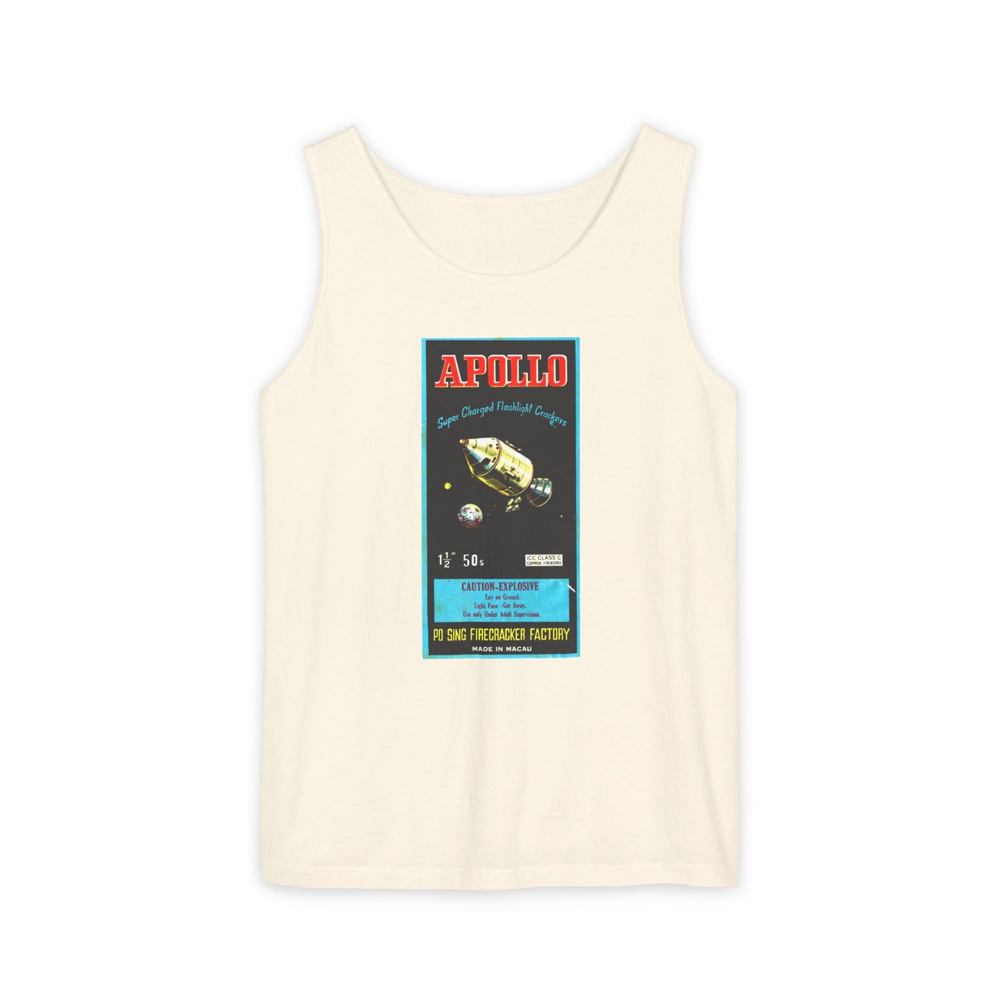 Apollo Firecrackers tank top white — vintage space-age fireworks label — The Faded Label Co.