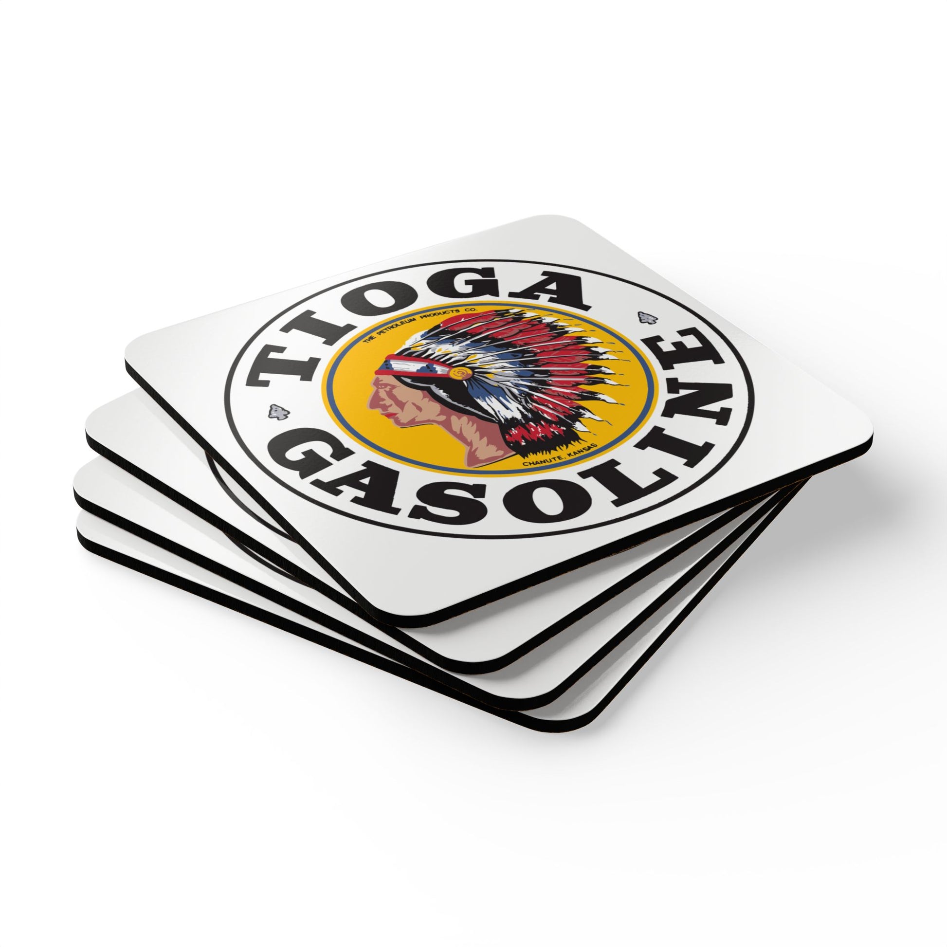 Tioga Gasoline coaster set detail — cork backed MDF — The Faded Label Co.
