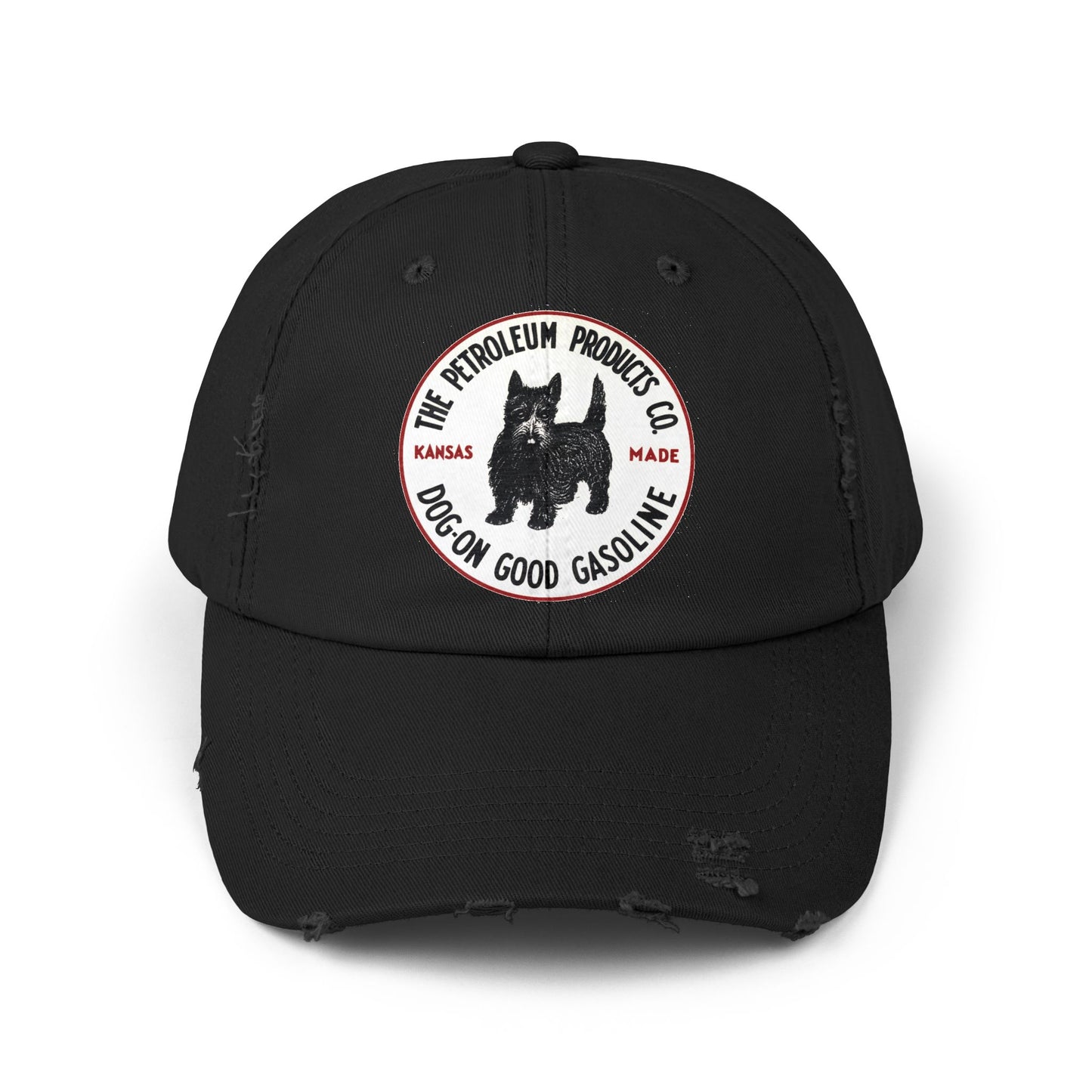 Dog-On Good Gasoline distressed cap back detail — vintage petroliana hat — The Faded Label Co.