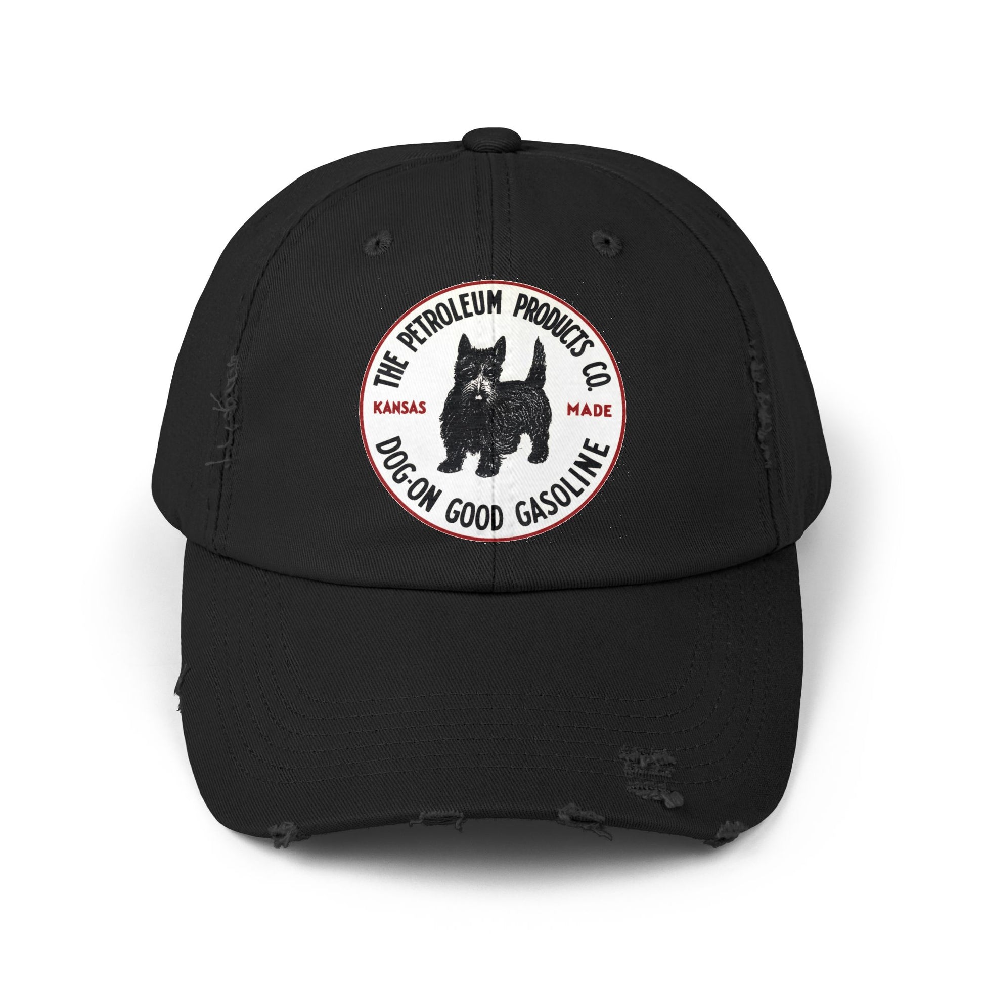 Dog-On Good Gasoline distressed cap back detail — vintage petroliana hat — The Faded Label Co.