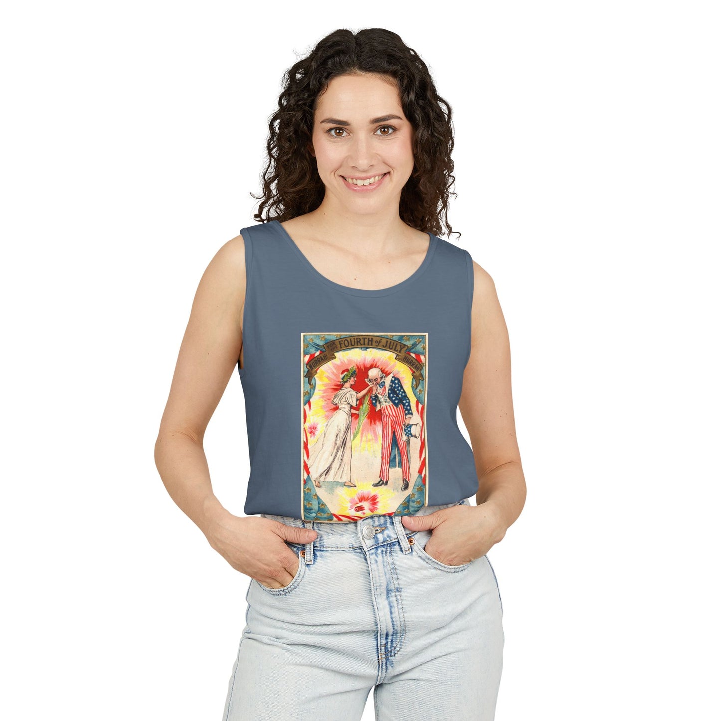 Uncle Sam and Columbia tank top ice blue — vintage Fourth of July postcard art — The Faded Label Co.