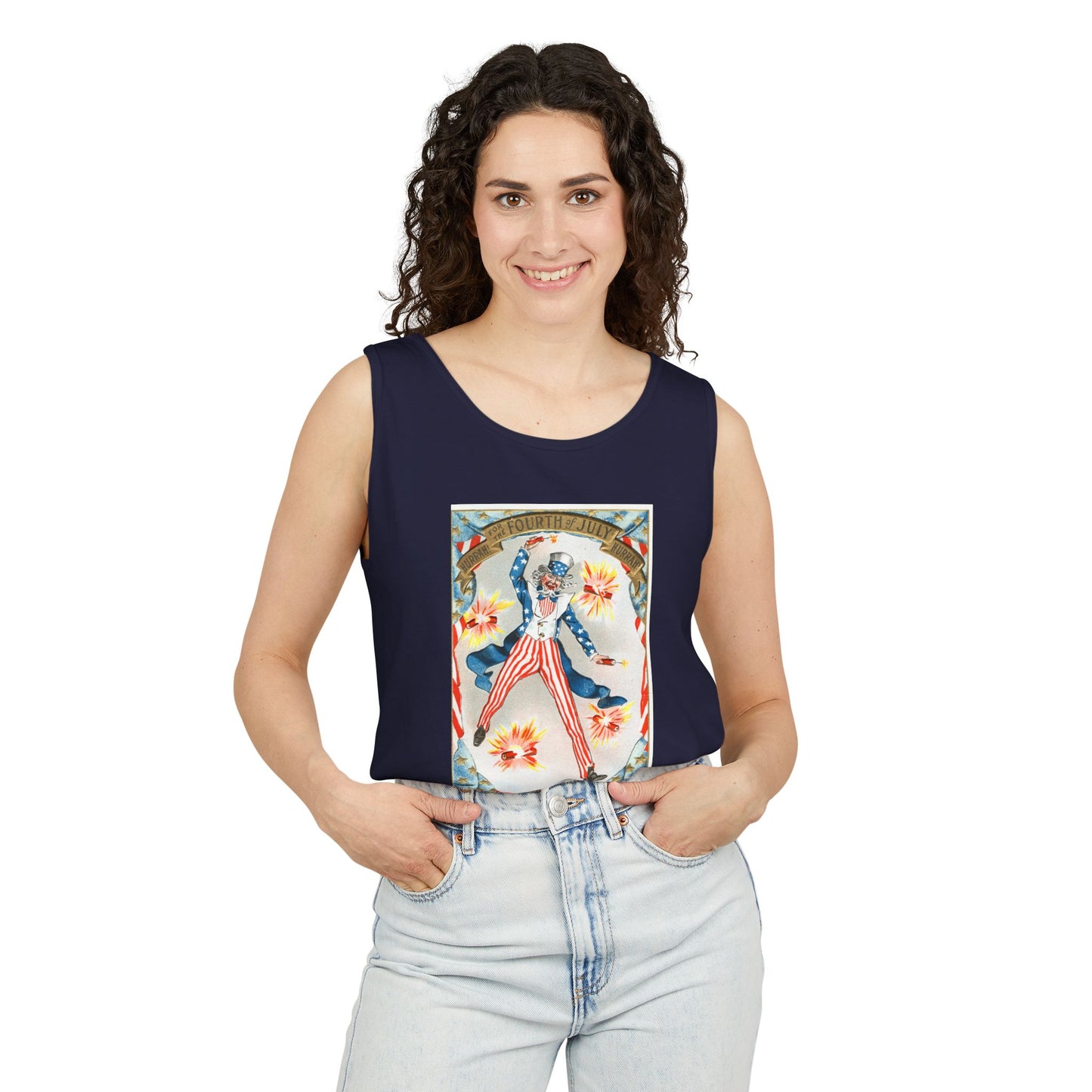 Hurrah Fourth of July Uncle Sam tank top lifestyle front — early 1900s dancing Uncle Sam chromolithograph — The Faded Label Co.