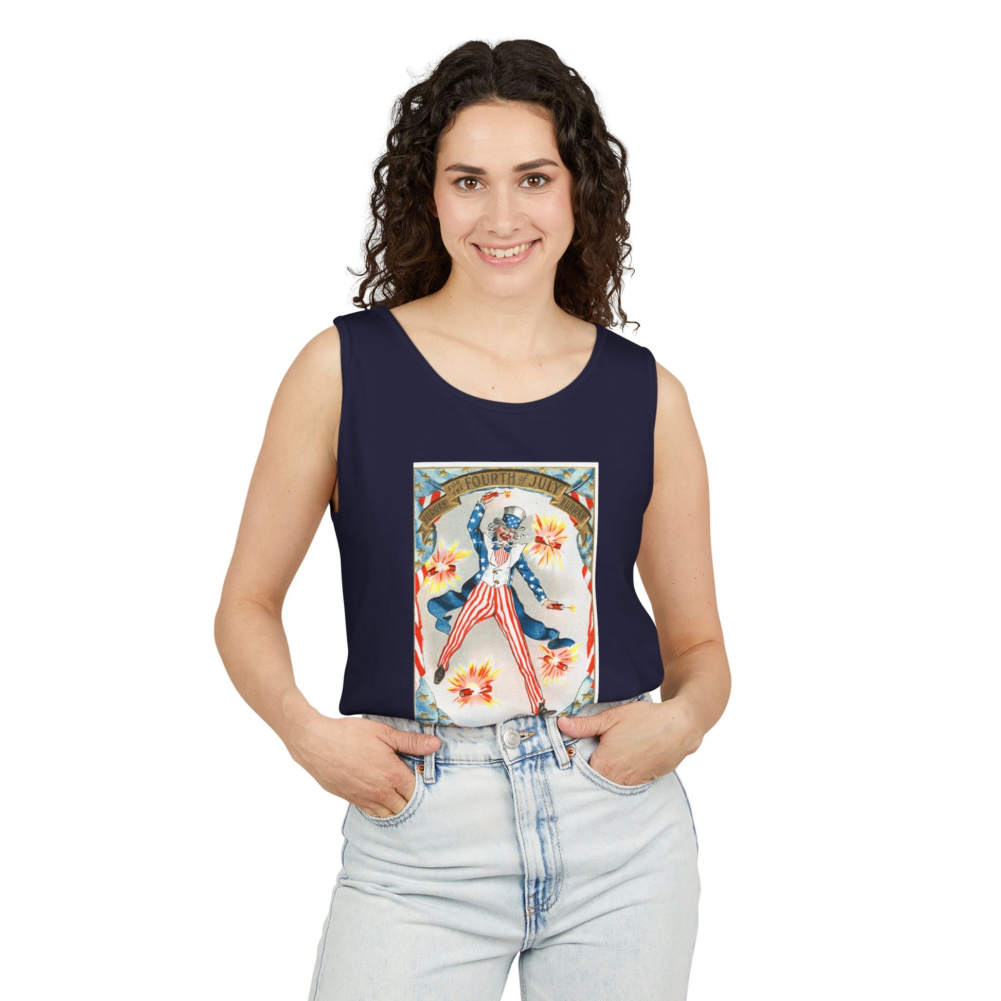 Hurrah Fourth of July Uncle Sam tank top lifestyle front — early 1900s dancing Uncle Sam chromolithograph — The Faded Label Co.