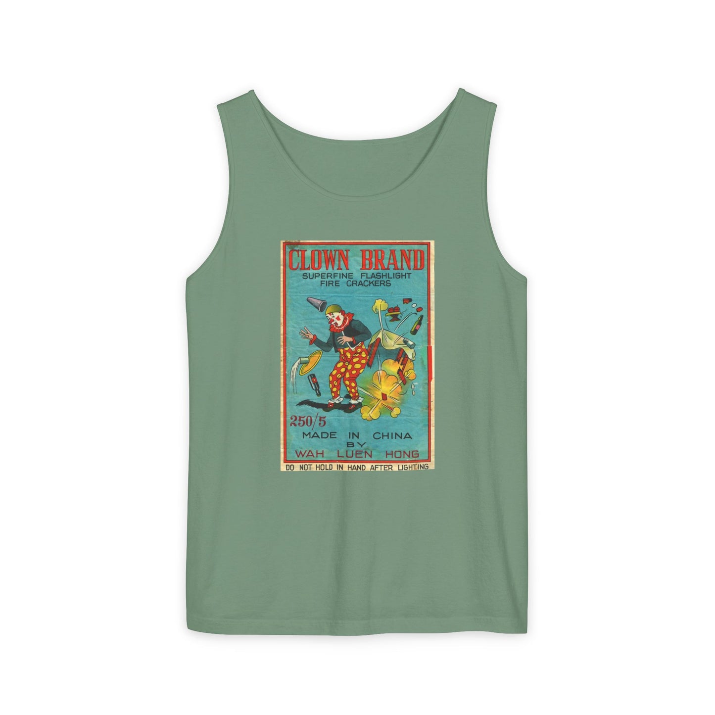 Clown Brand Firecrackers tank top chambray — America's 250th anniversary apparel — The Faded Label Co.