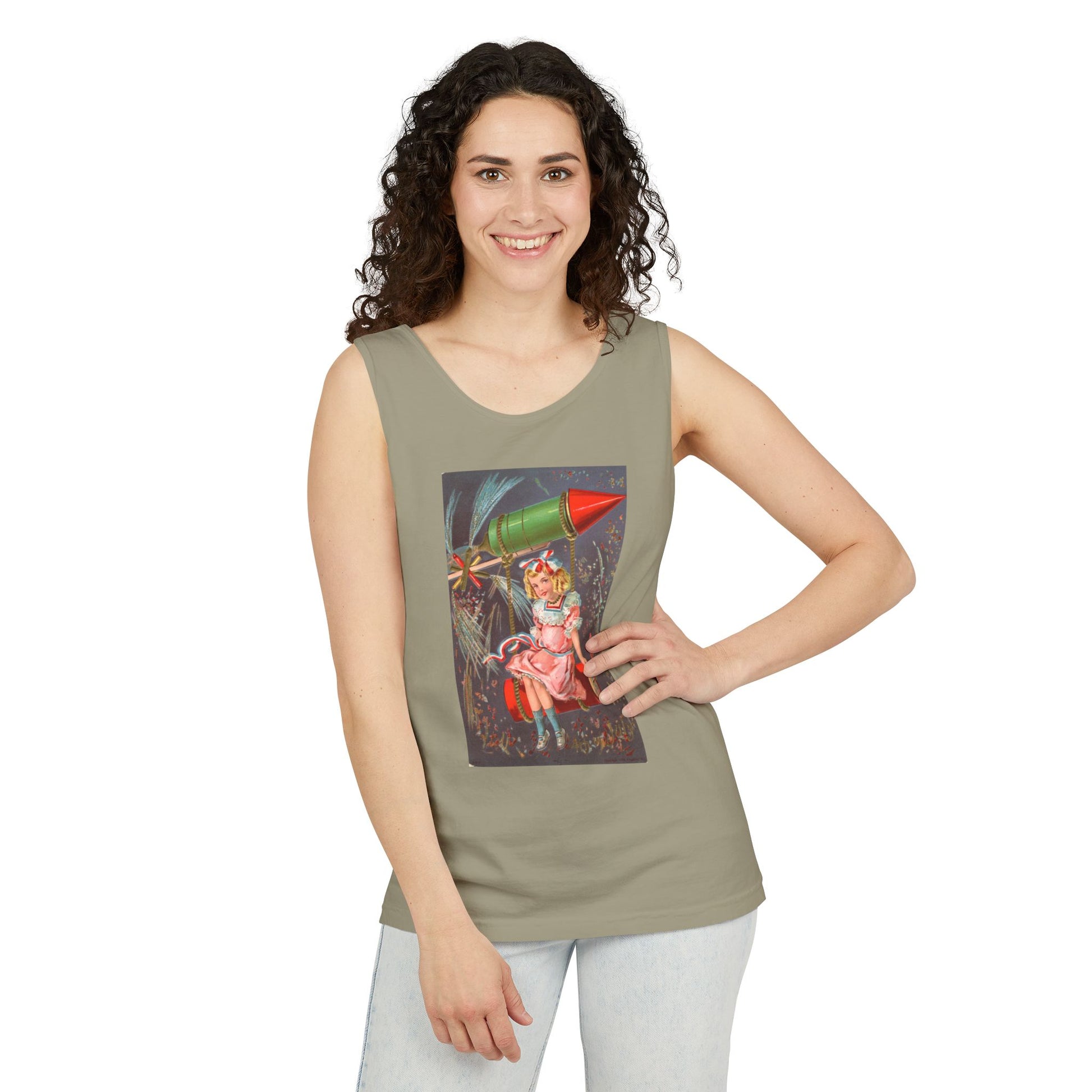 1907 Rocket Girl tank top flat lay white — Comfort Colors 9360 unisex tank — The Faded Label Co.