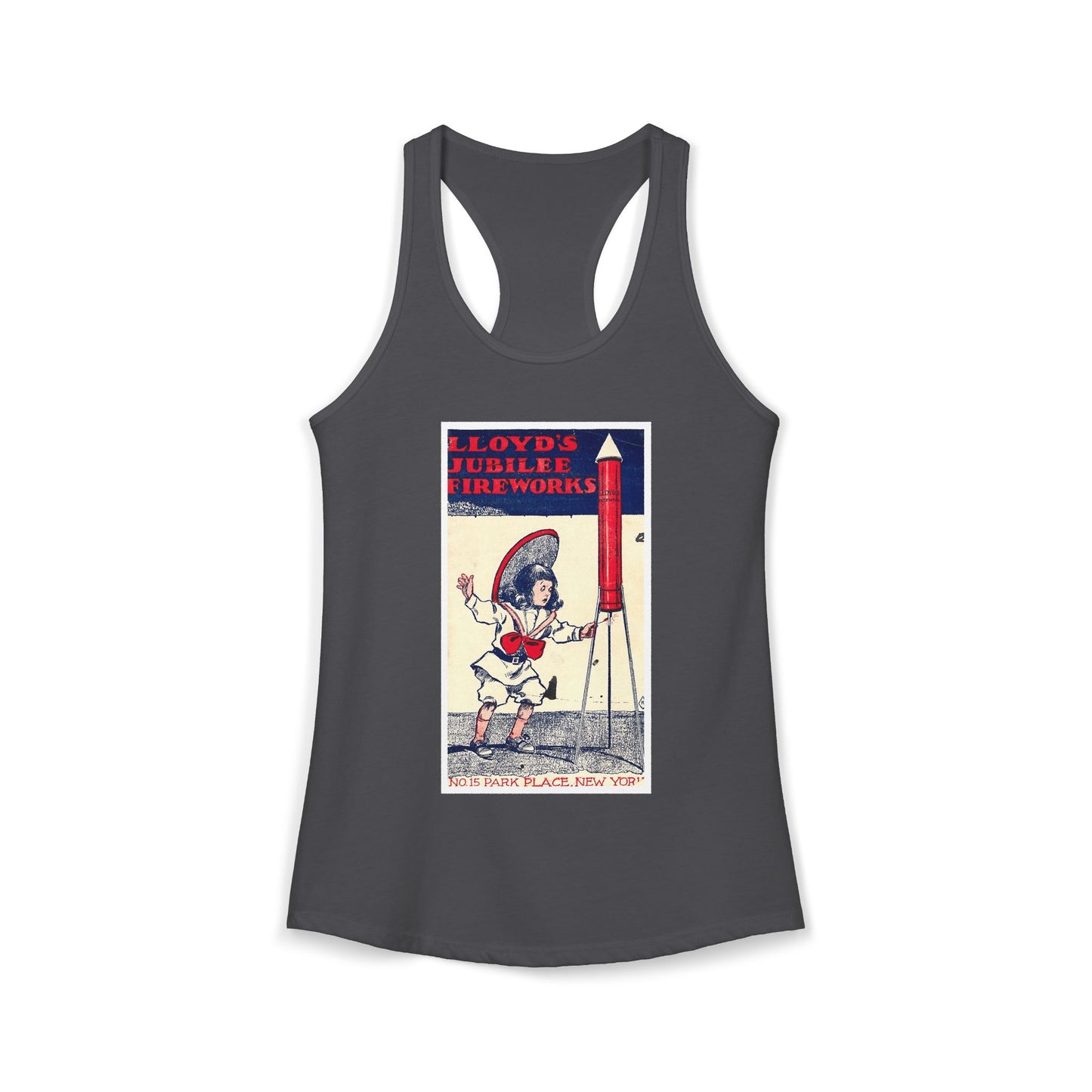 Lloyd's Jubilee Firecrackers racerback tank white — mid-century fireworks packaging art — The Faded Label Co.