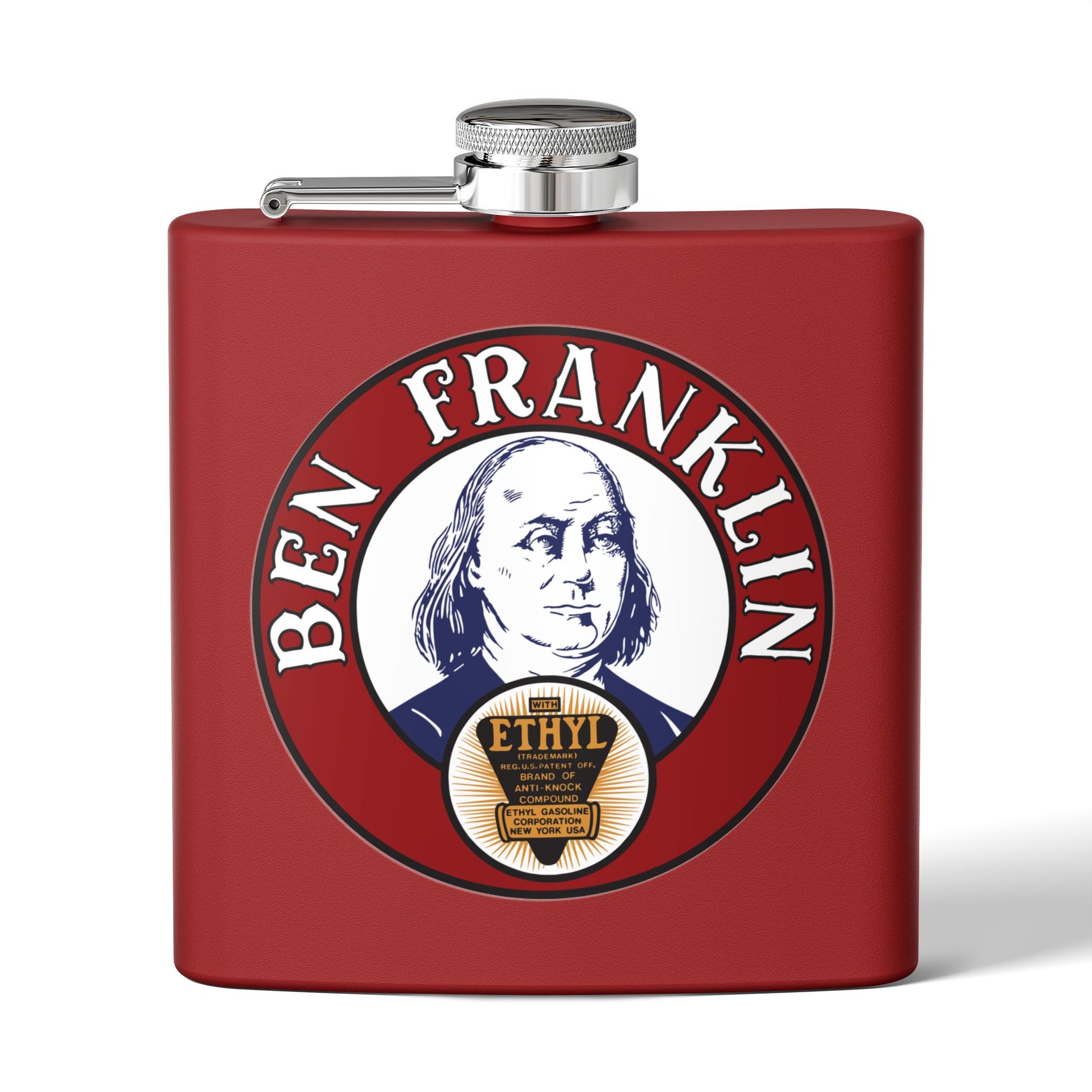 Ben Franklin Gasoline flask detail — vintage petroliana gift — The Faded Label Co.
