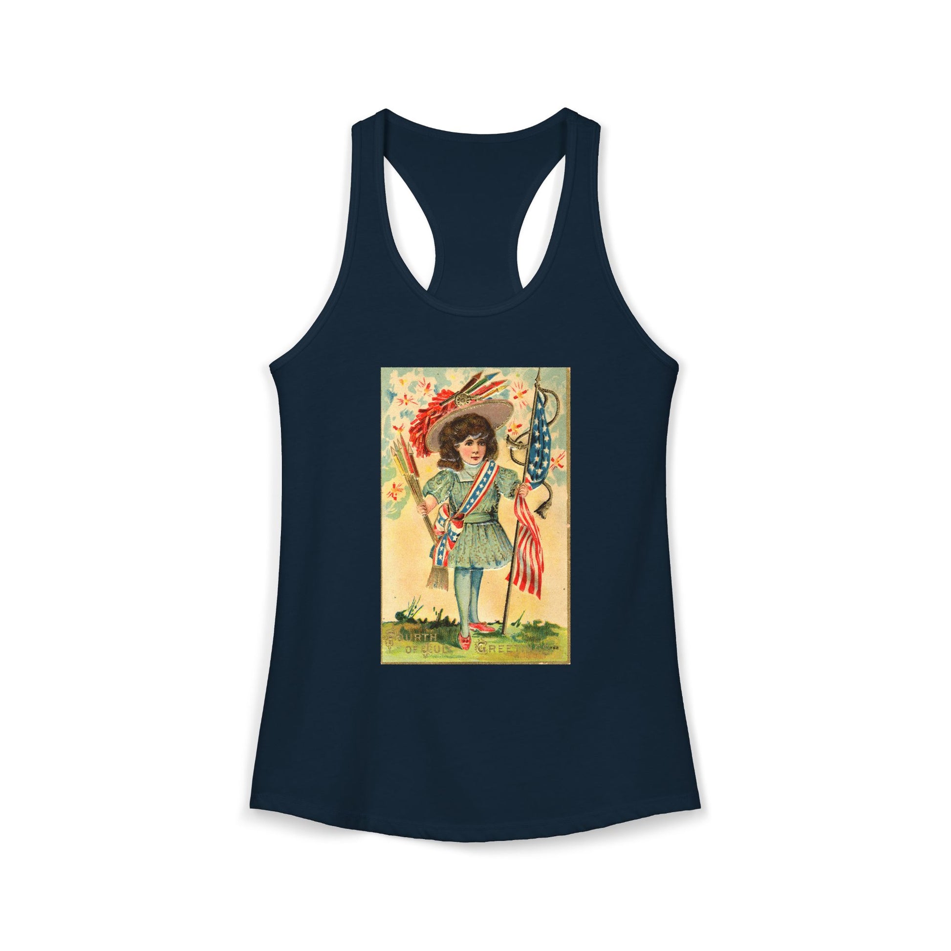 4th of July Patriotic Girl racerback tank red — vintage patriotic postcard art — The Faded Label Co.