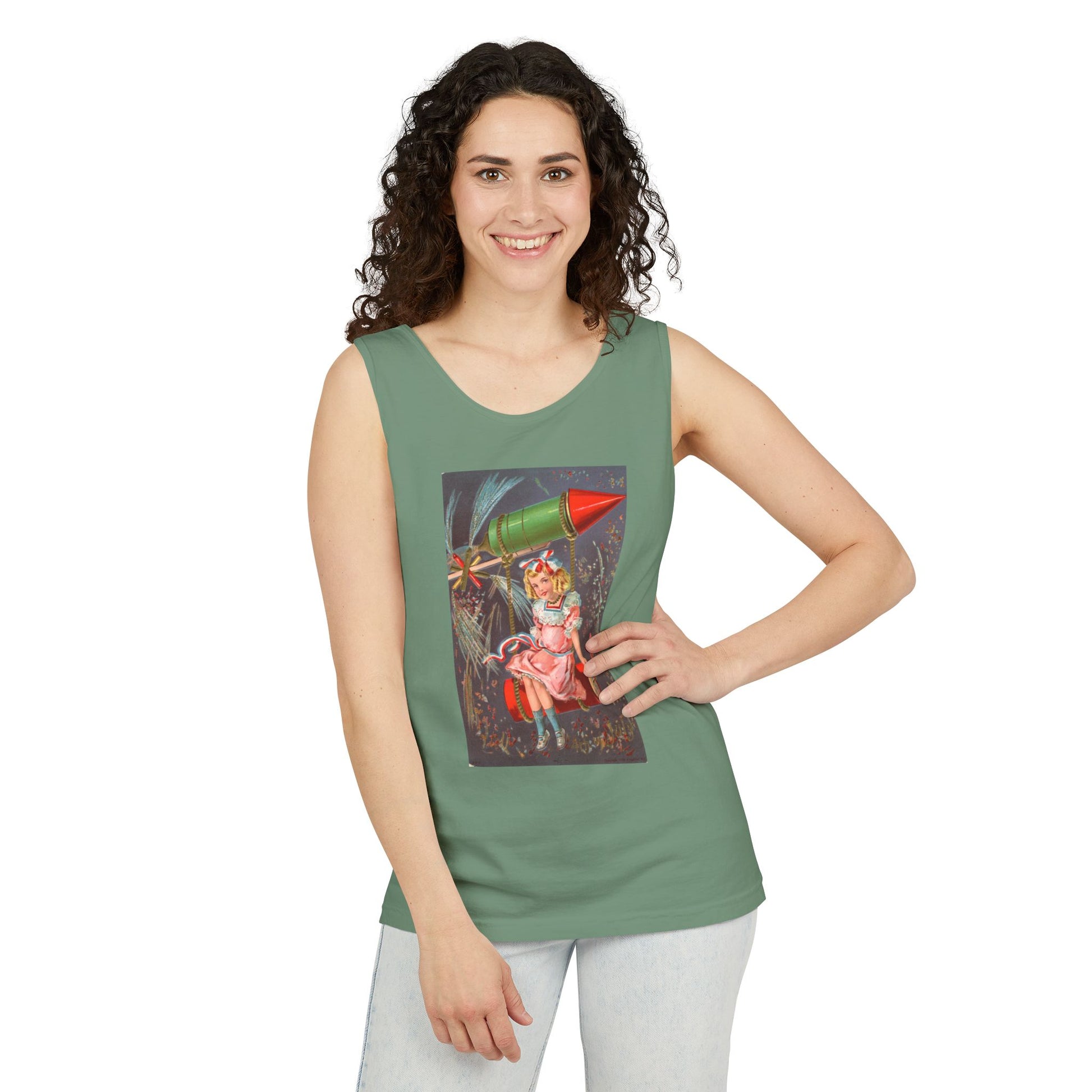 1907 Rocket Girl tank top flat lay true navy — Comfort Colors 9360 unisex tank — The Faded Label Co.
