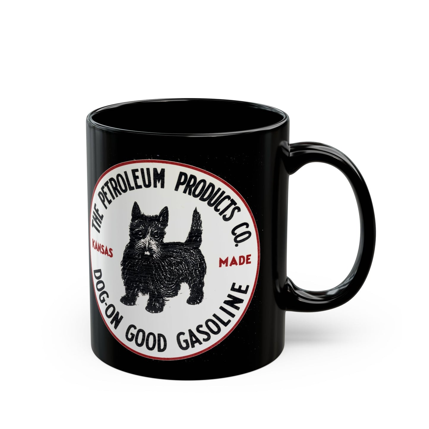 Dog-On Good Gasoline black coffee mug — vintage Scottie dog petroliana art — The Faded Label Co.