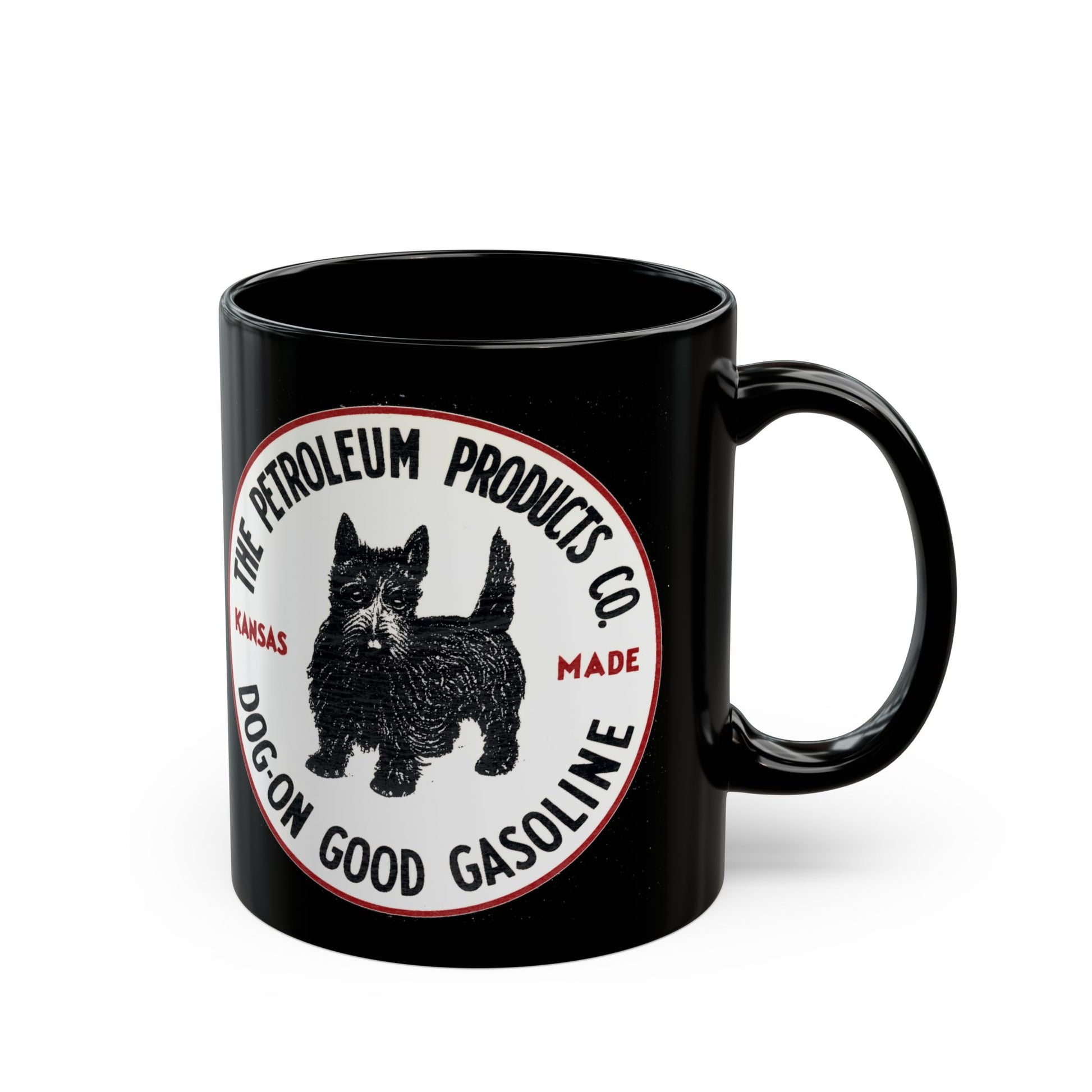 Dog-On Good Gasoline black coffee mug — vintage Scottie dog petroliana art — The Faded Label Co.