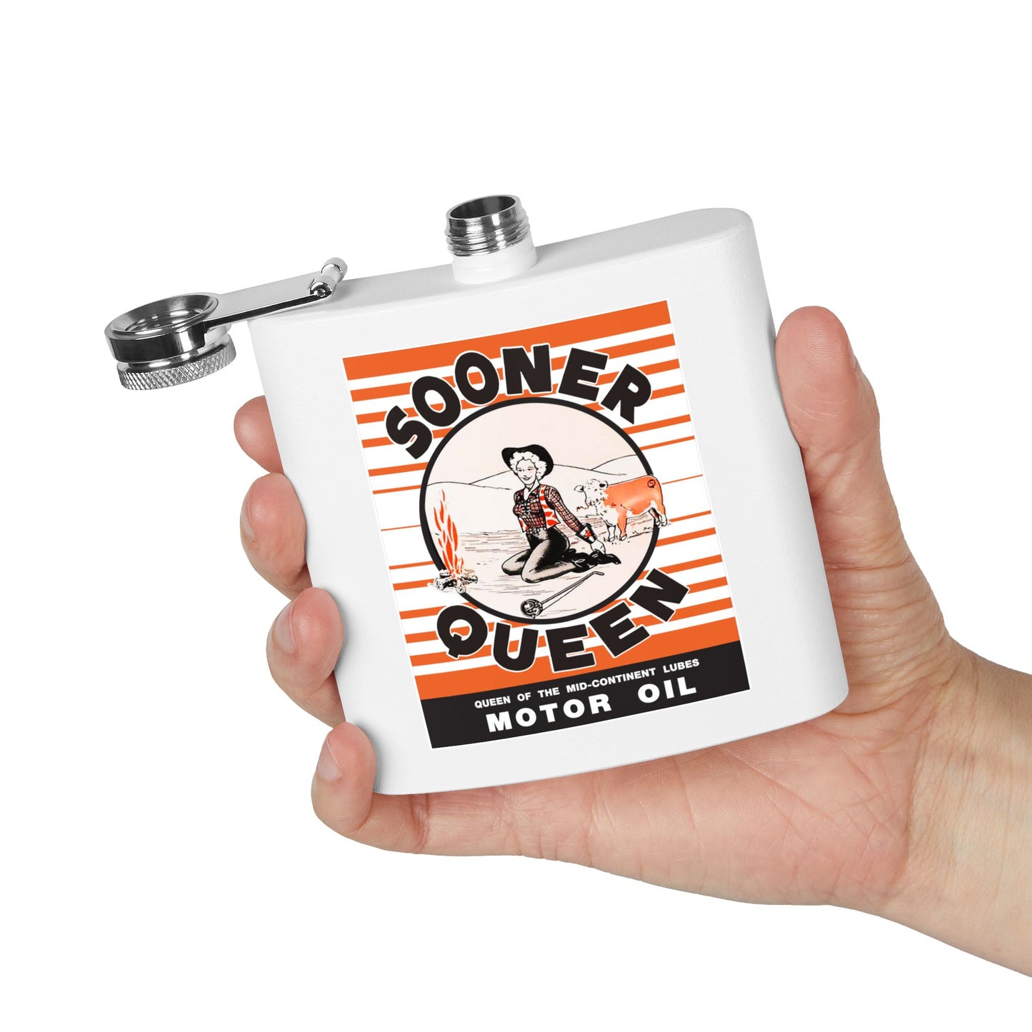 Sooner Queen Motor Oil Flask — Vintage Oklahoma Petroliana Art | The Faded Label Co.