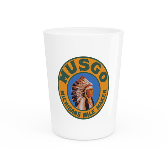 Musgo shot glass — vintage Michigan petroliana barware — The Faded Label Co.