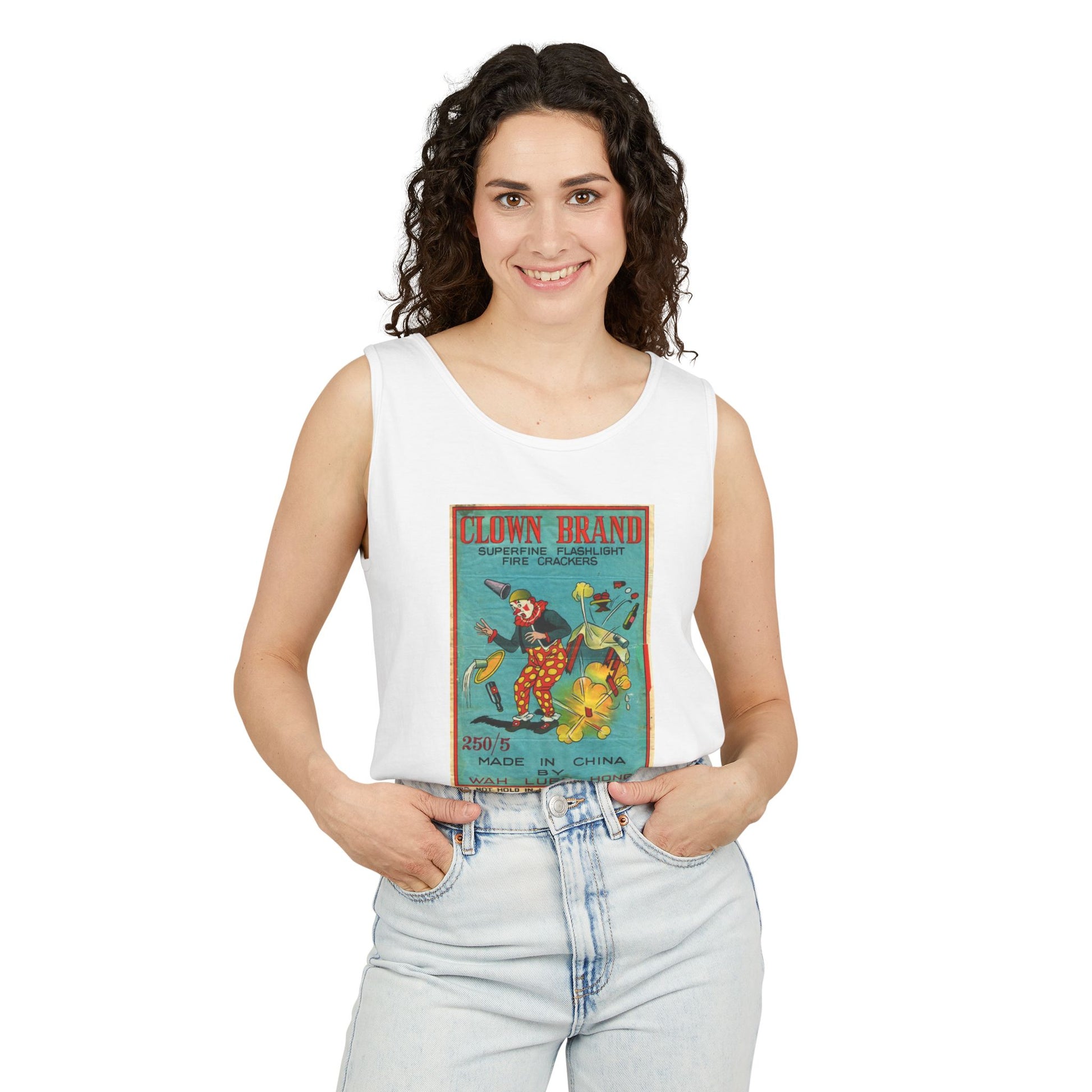 Clown Brand Firecrackers tank top sand — firecracker label collector gift — The Faded Label Co.