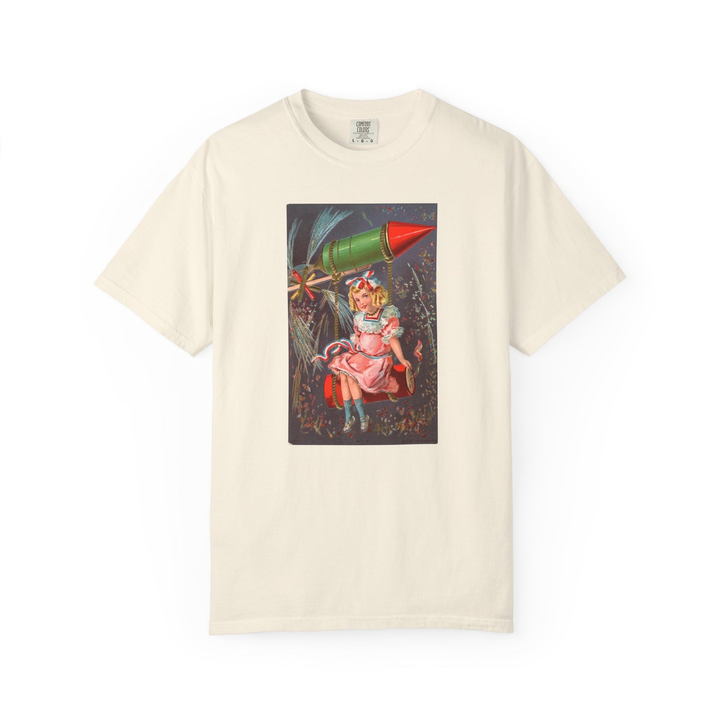 1907 Rocket Girl t-shirt bay — vintage 4th of July postcard art — The Faded Label Co.