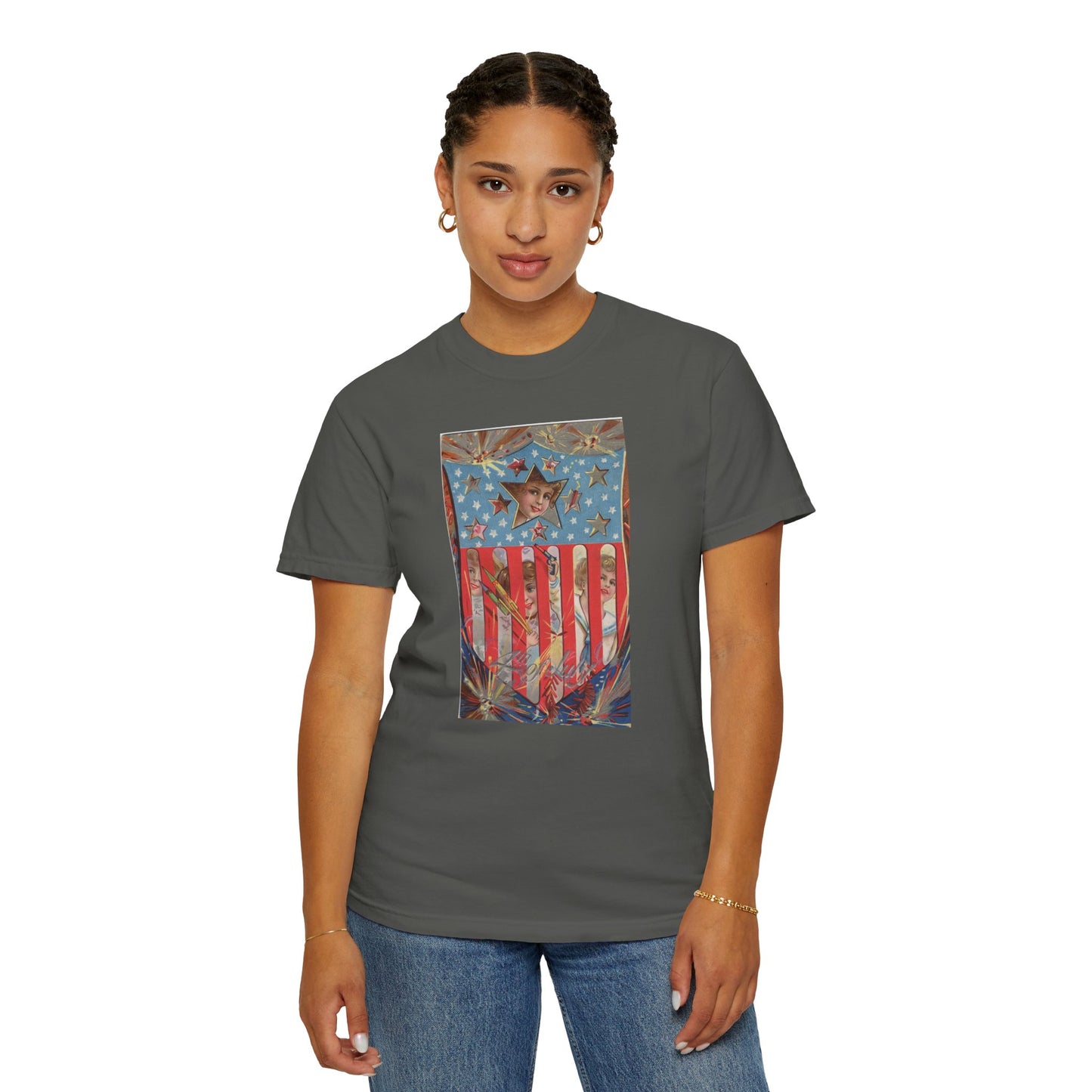 4th of July Shield Girls t-shirt detail — vintage embossed postcard close-up — The Faded Label Co.
