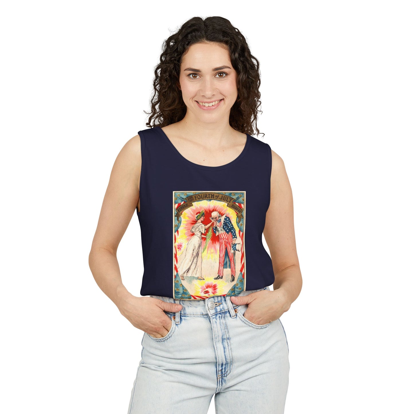 Uncle Sam and Columbia tank top true navy — vintage Fourth of July postcard art — The Faded Label Co.