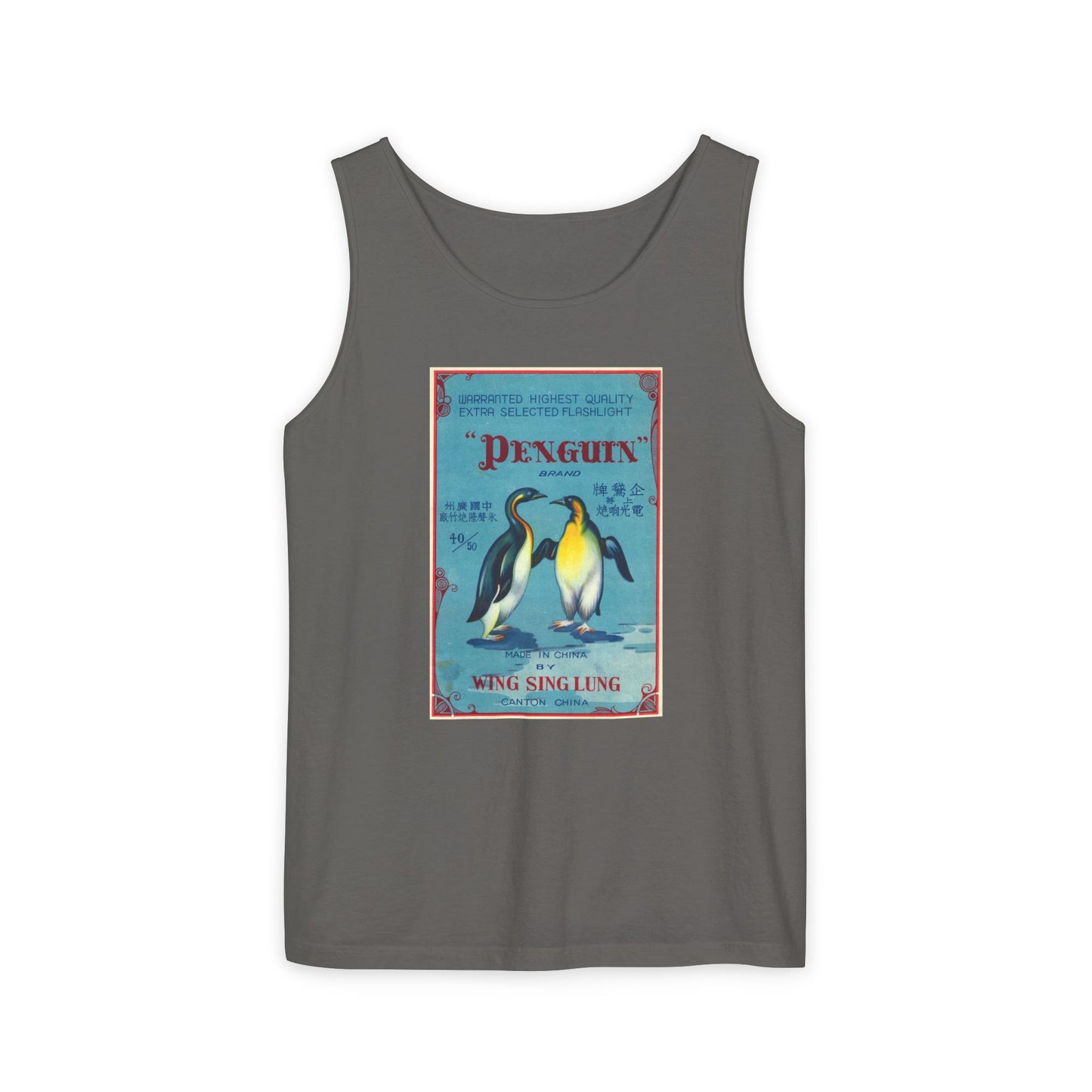 Penguin Brand Firecrackers tank top blue jean — Comfort Colors garment-dyed — The Faded Label Co.