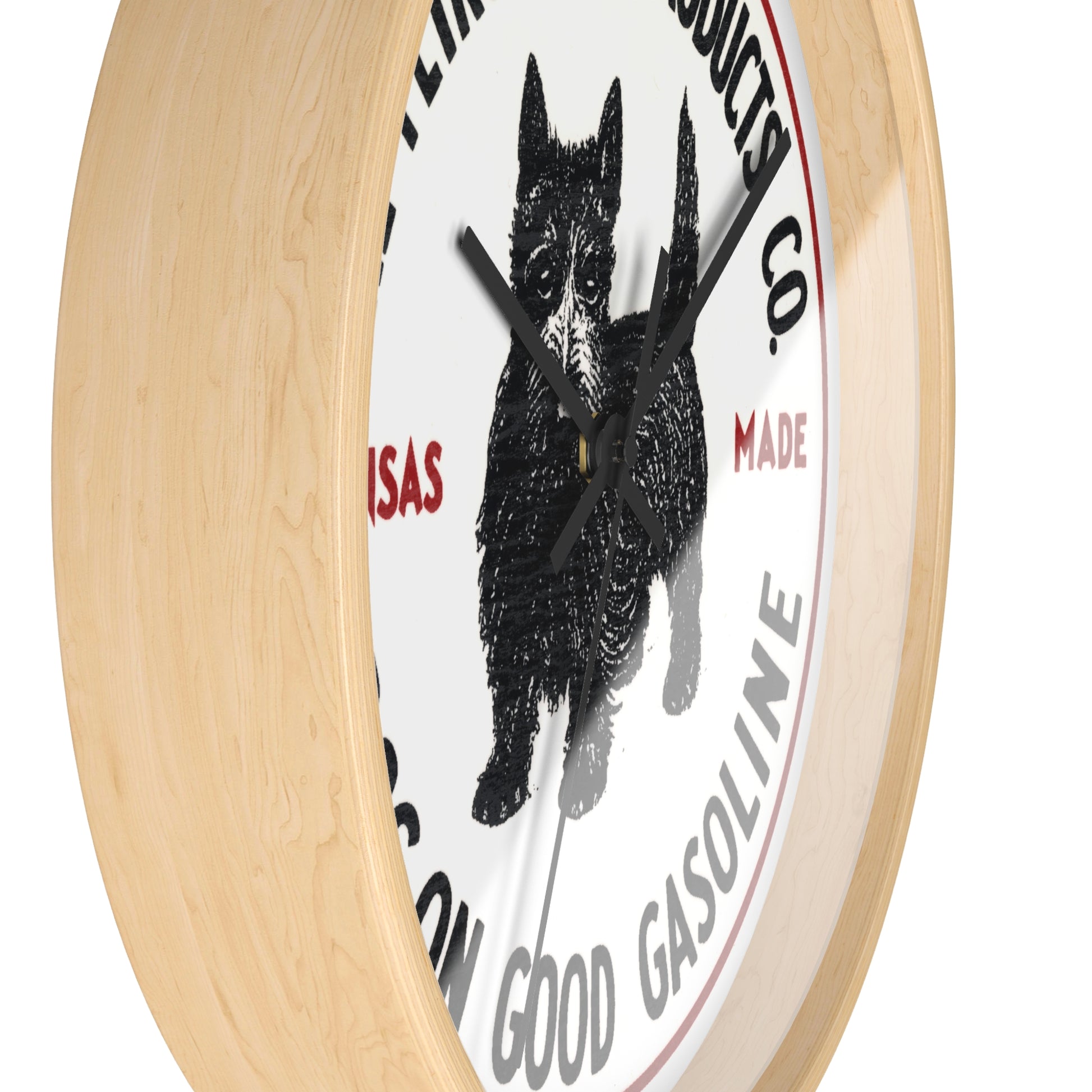 Dog-On Good Gasoline wall clock lifestyle kitchen — vintage Kansas petroliana — The Faded Label Co.