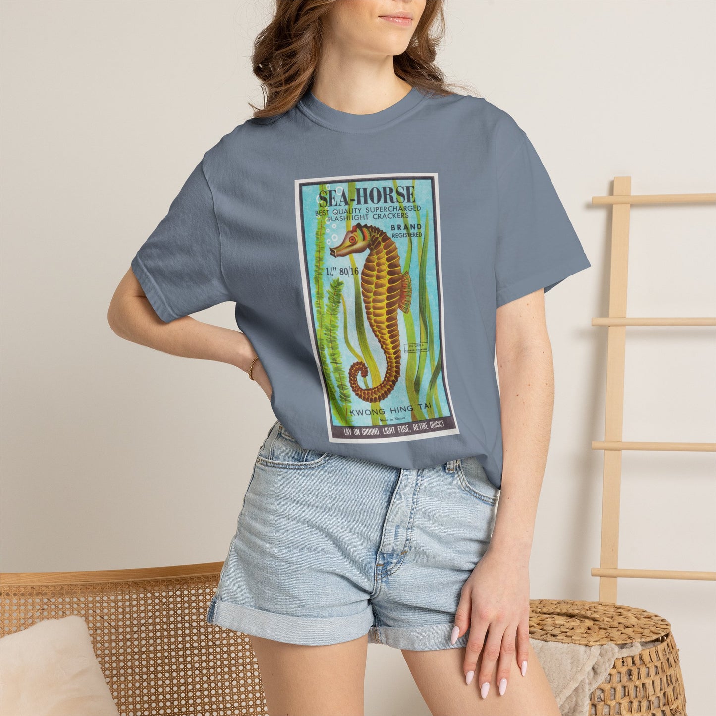 Seahorse Brand Firecrackers t-shirt flat lay — vintage Independence Day graphic tee — The Faded Label Co.