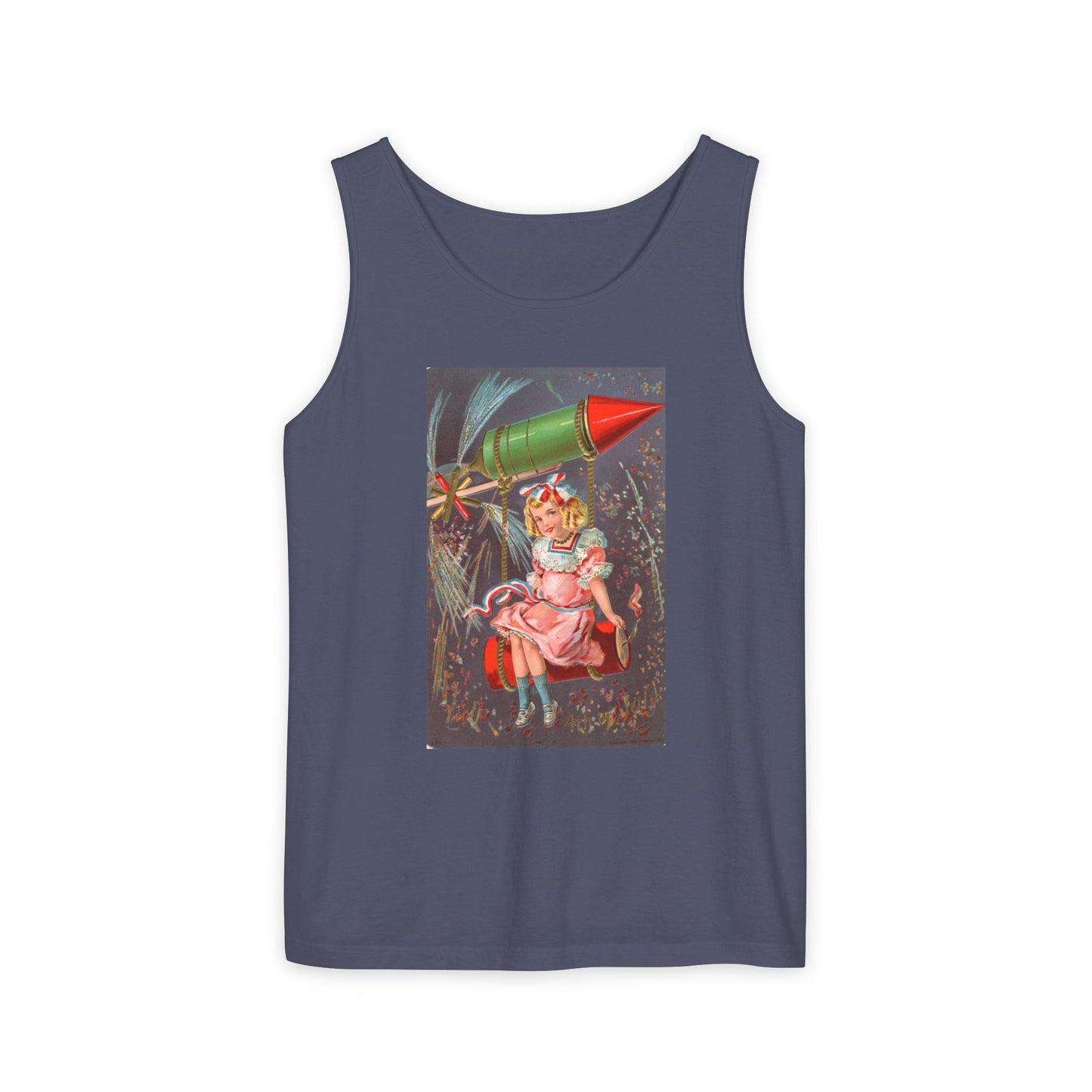 1907 Rocket Girl tank top true navy — vintage 4th of July postcard art — The Faded Label Co.
