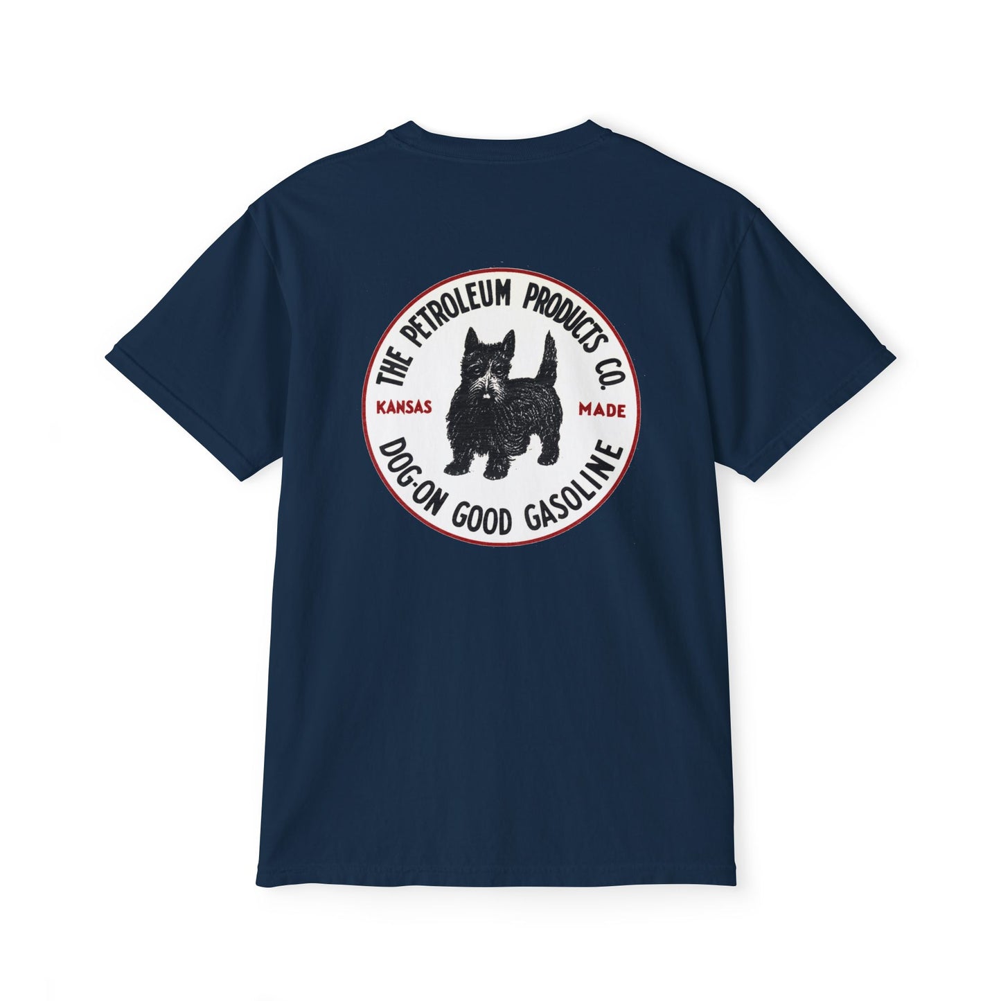 Dog-On Good Gasoline pocket tee green — vintage Scottie dog petroliana shirt — The Faded Label Co.